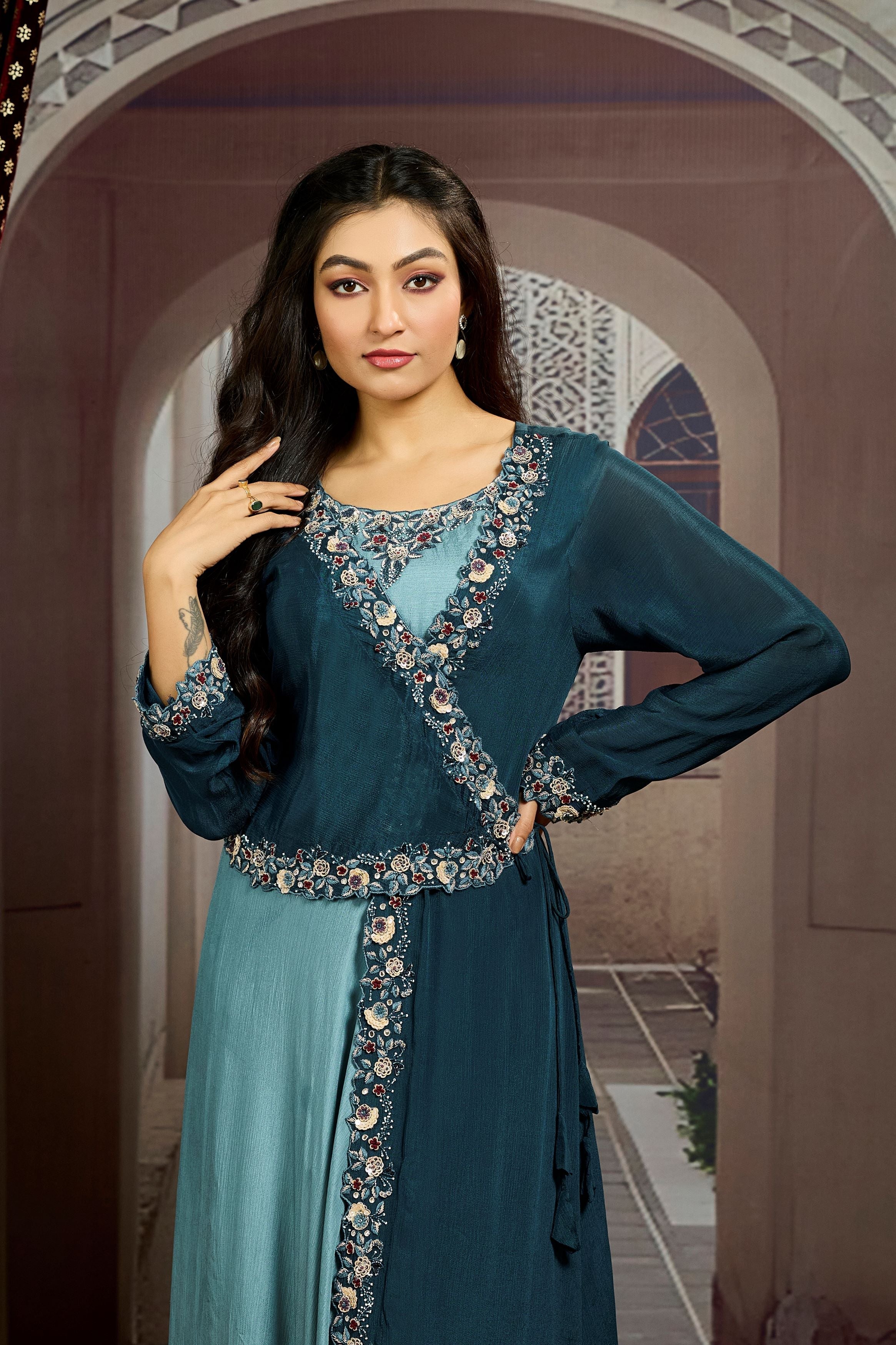 Deep Teal Embellished Chinon Silk Gown