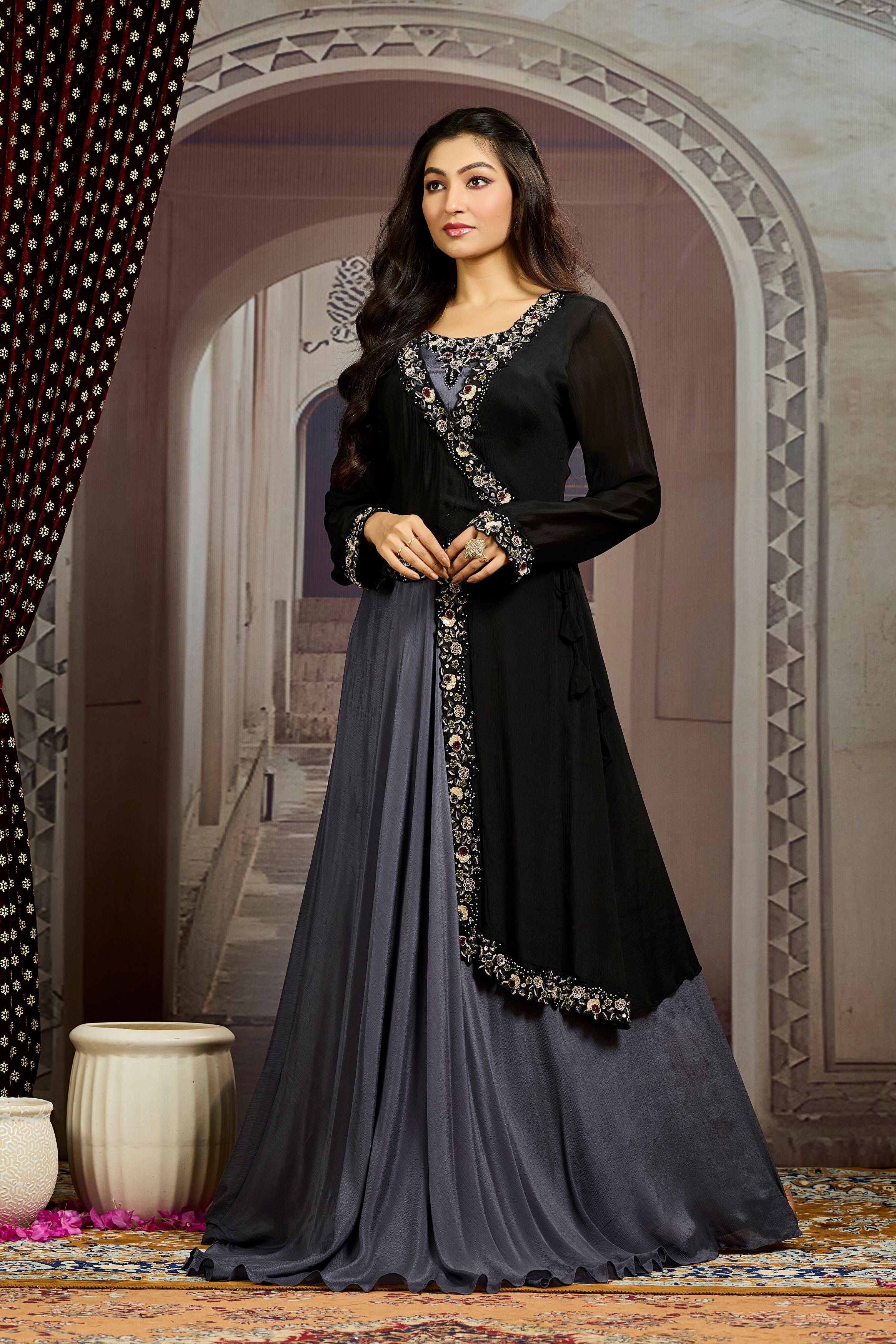 Black Embellished Chinon Silk Gown