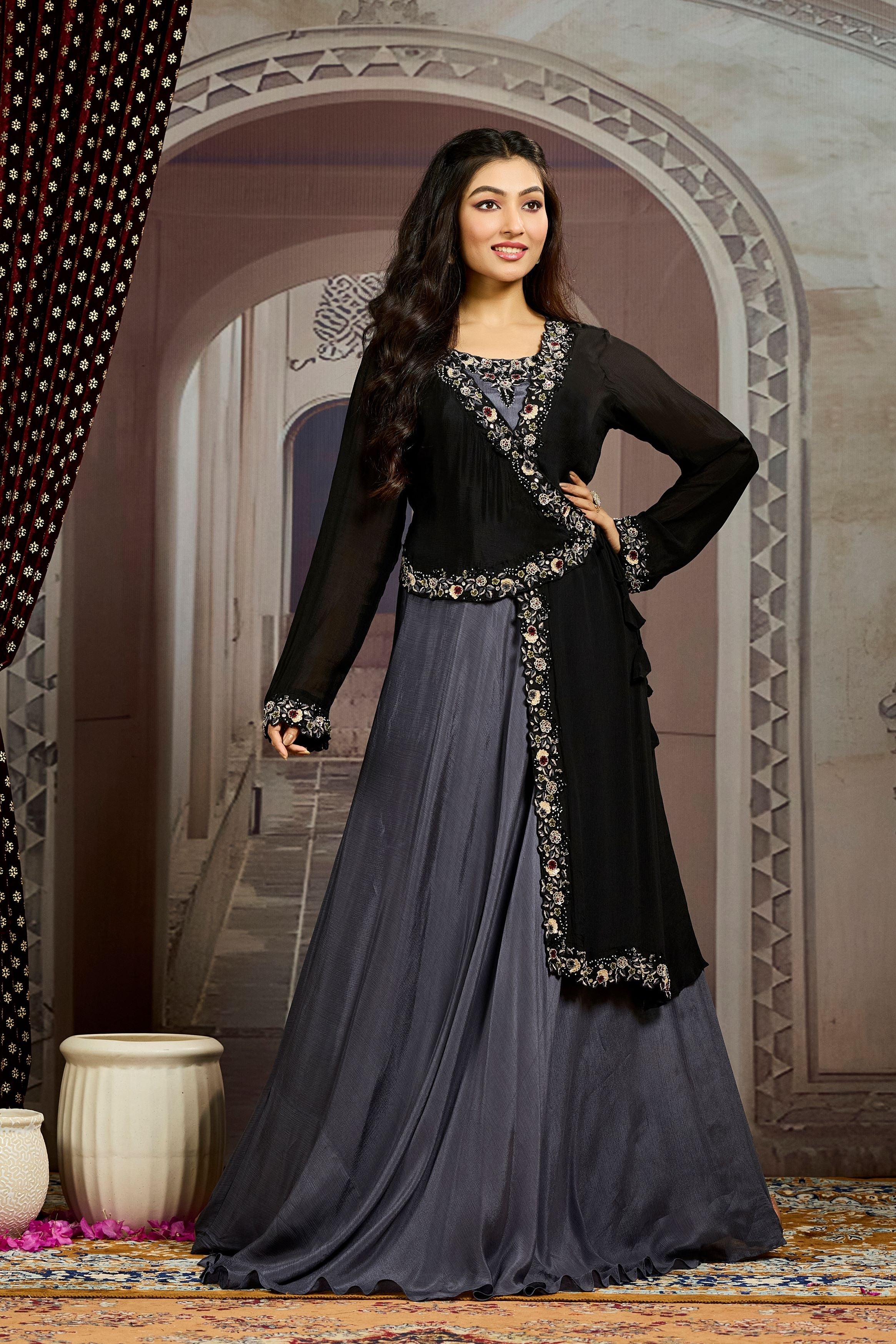 Black Embellished Chinon Silk Gown