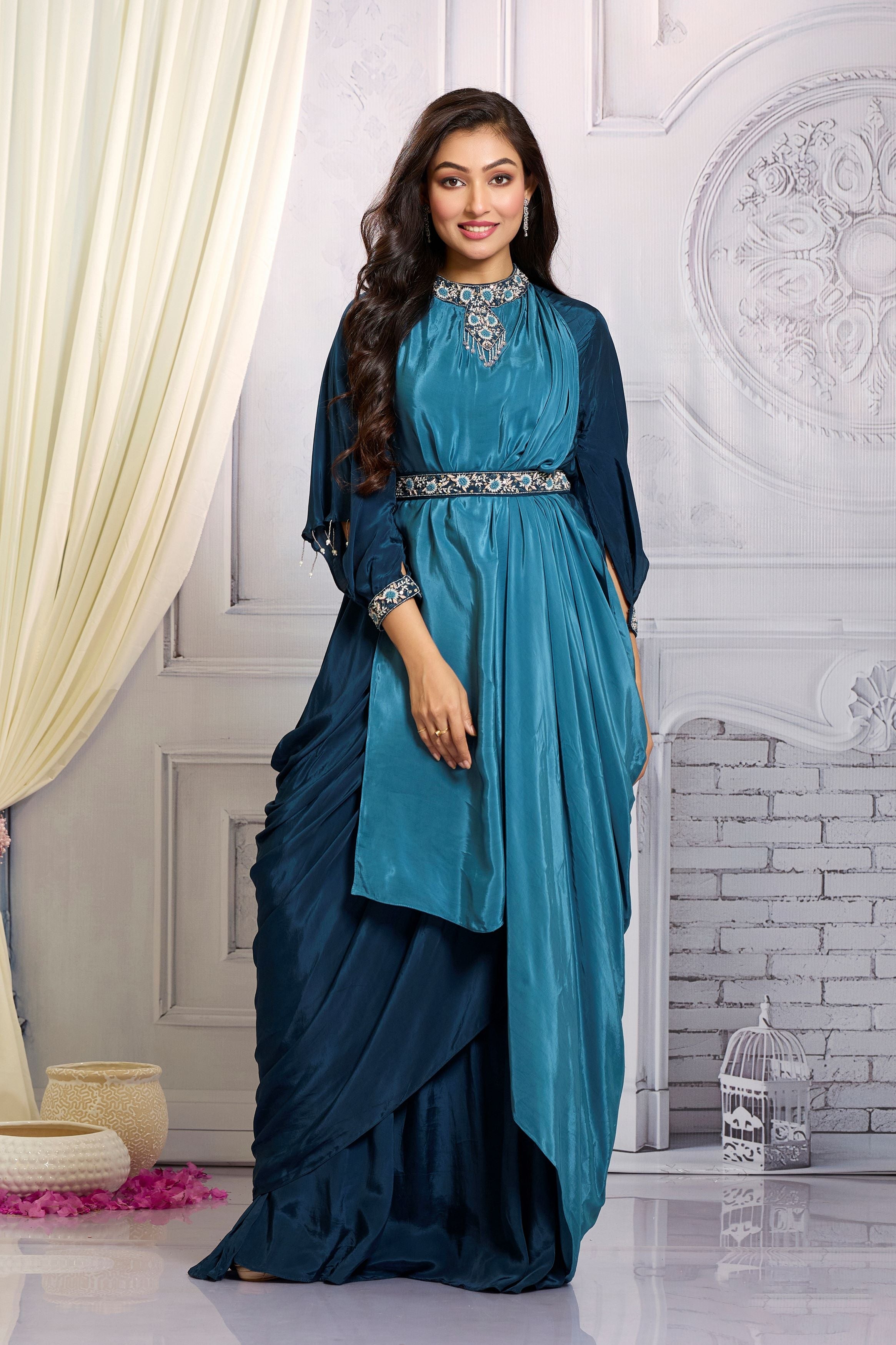 Bright Teal Embellished Chinon Silk Gown