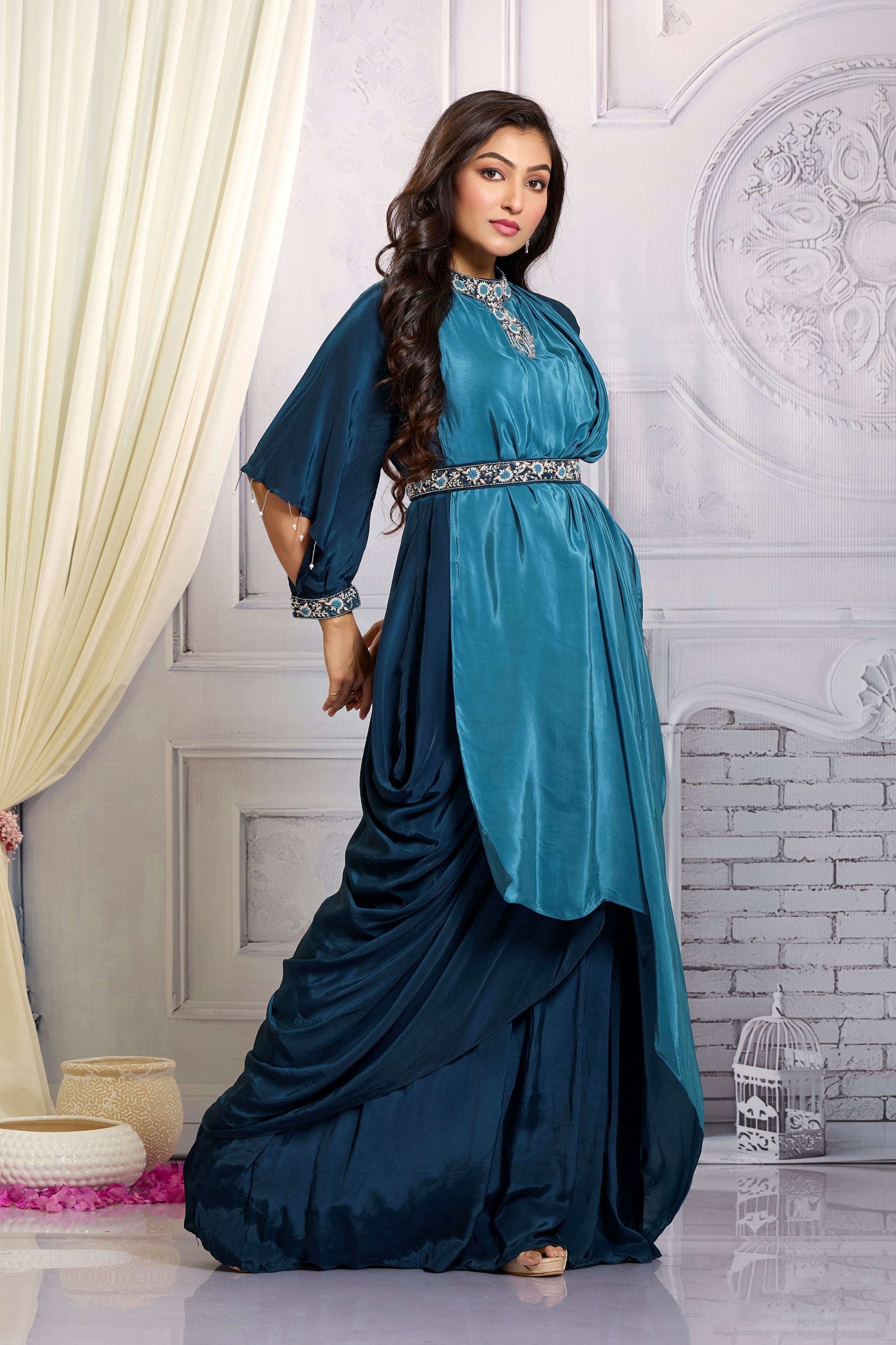 Bright Teal Embellished Chinon Silk Gown