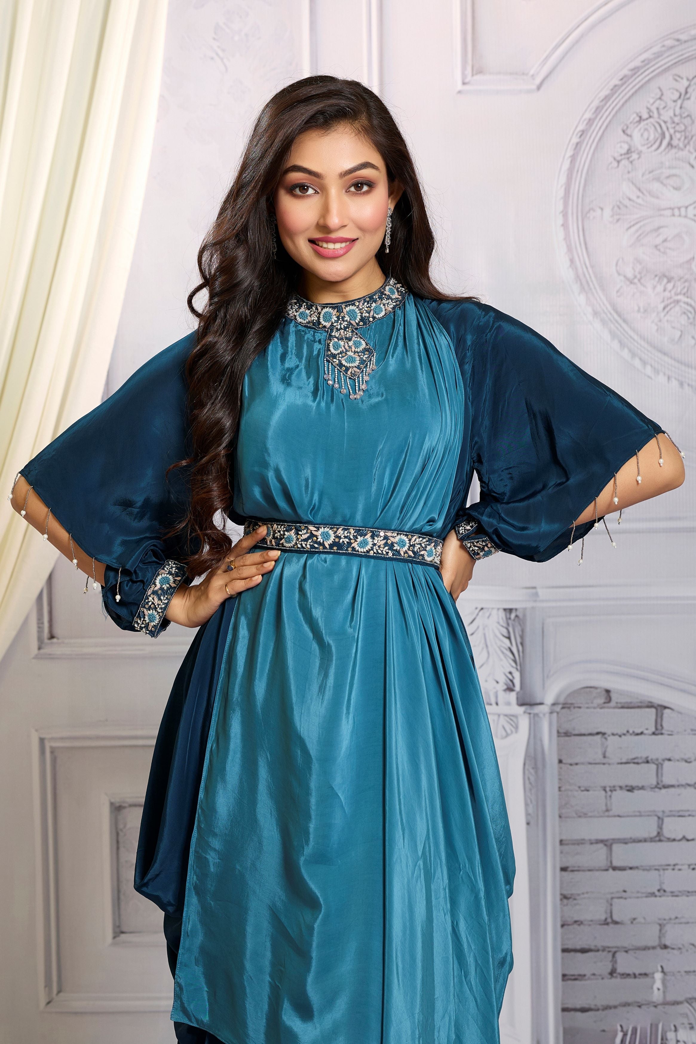 Bright Teal Embellished Chinon Silk Gown