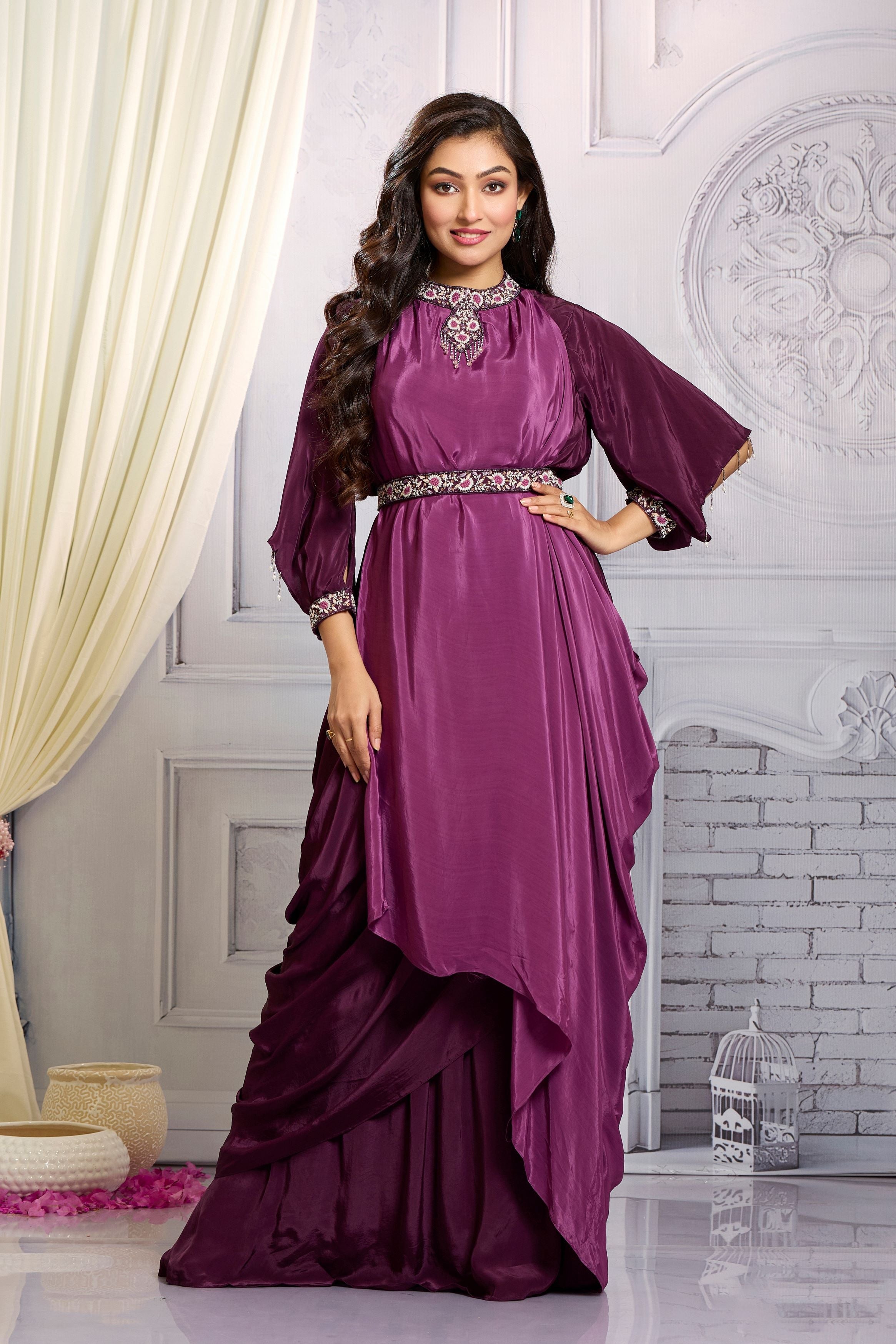 Bright Purple Embellished Chinon Silk Gown