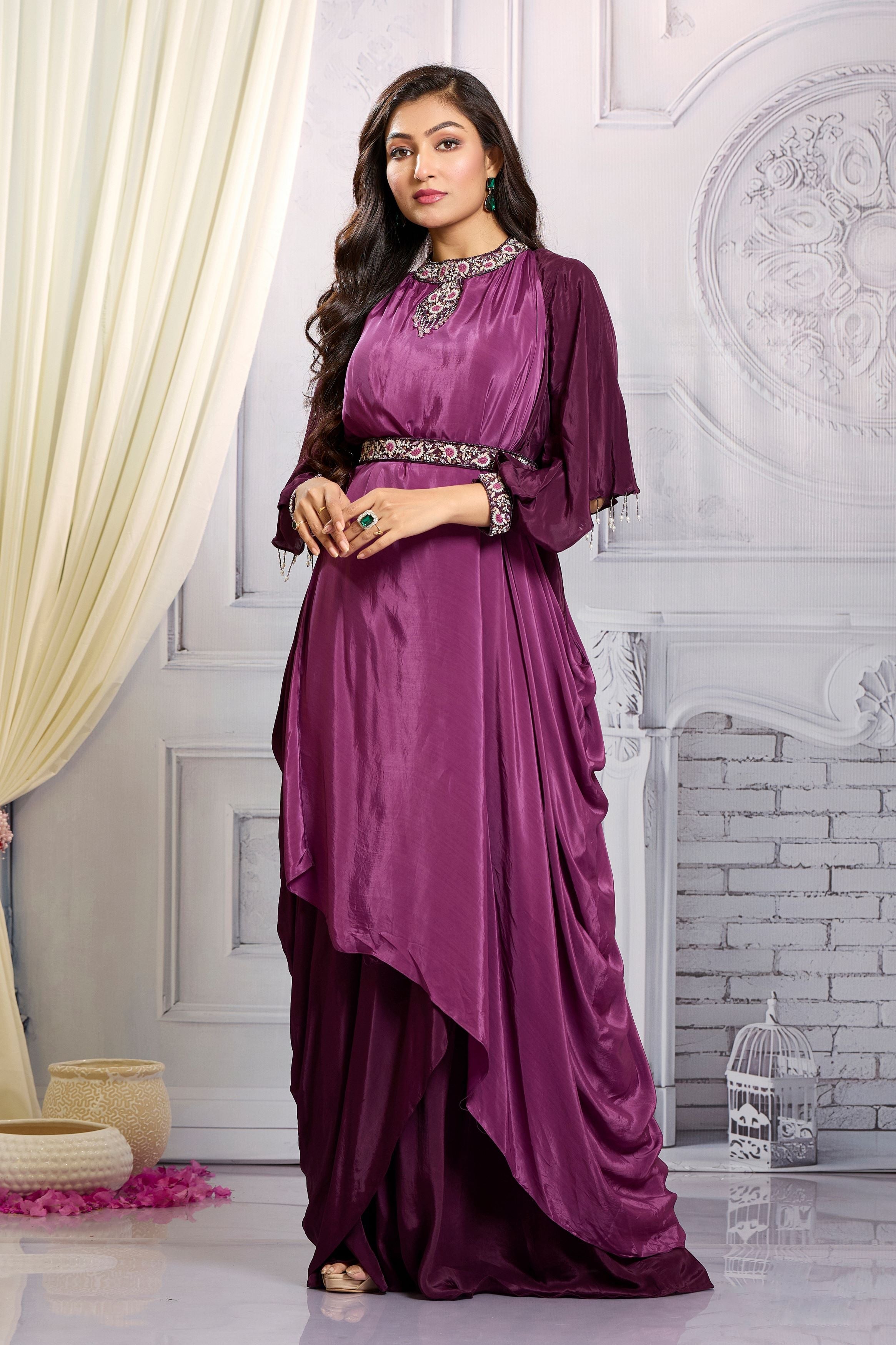 Bright Purple Embellished Chinon Silk Gown