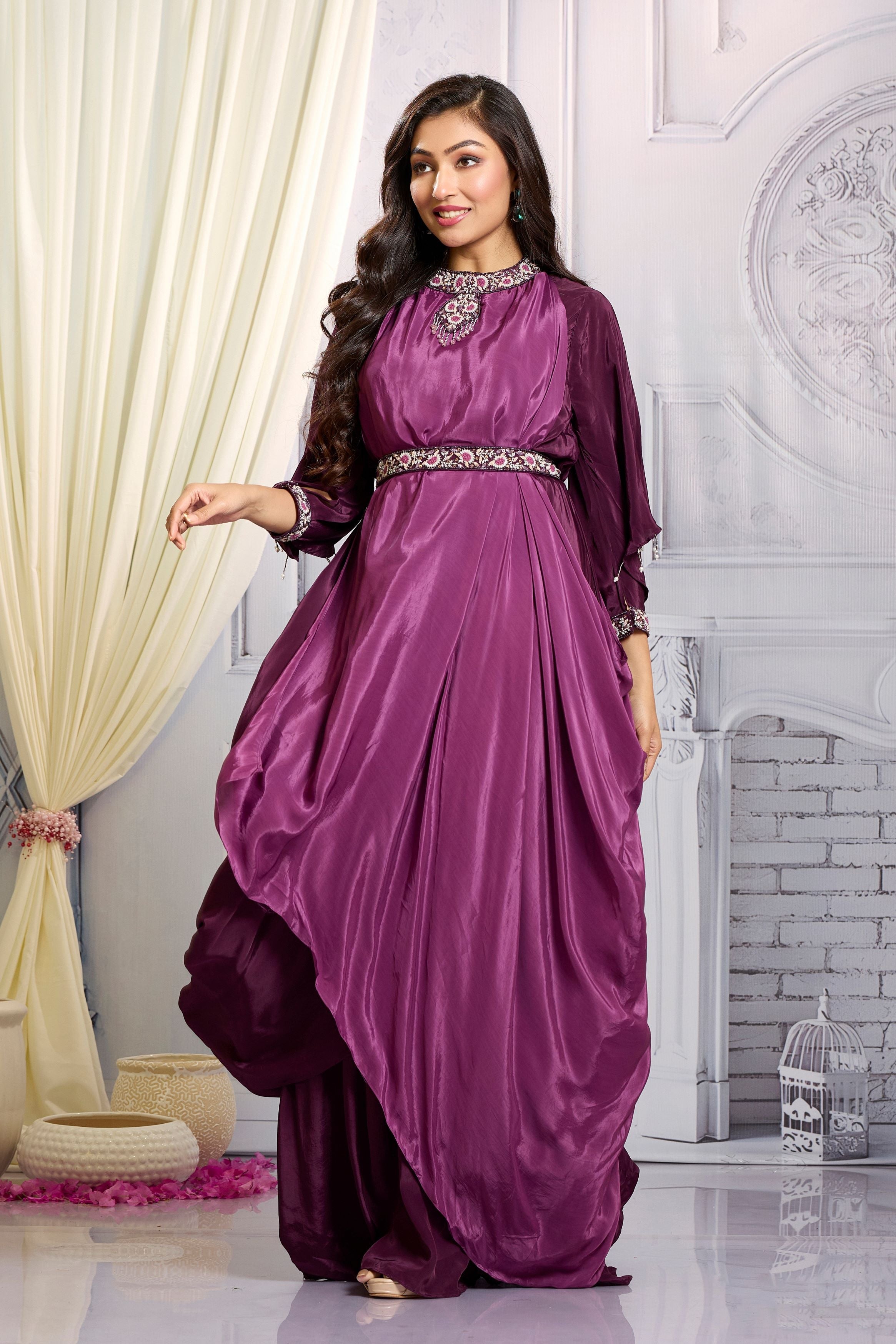 Bright Purple Embellished Chinon Silk Gown