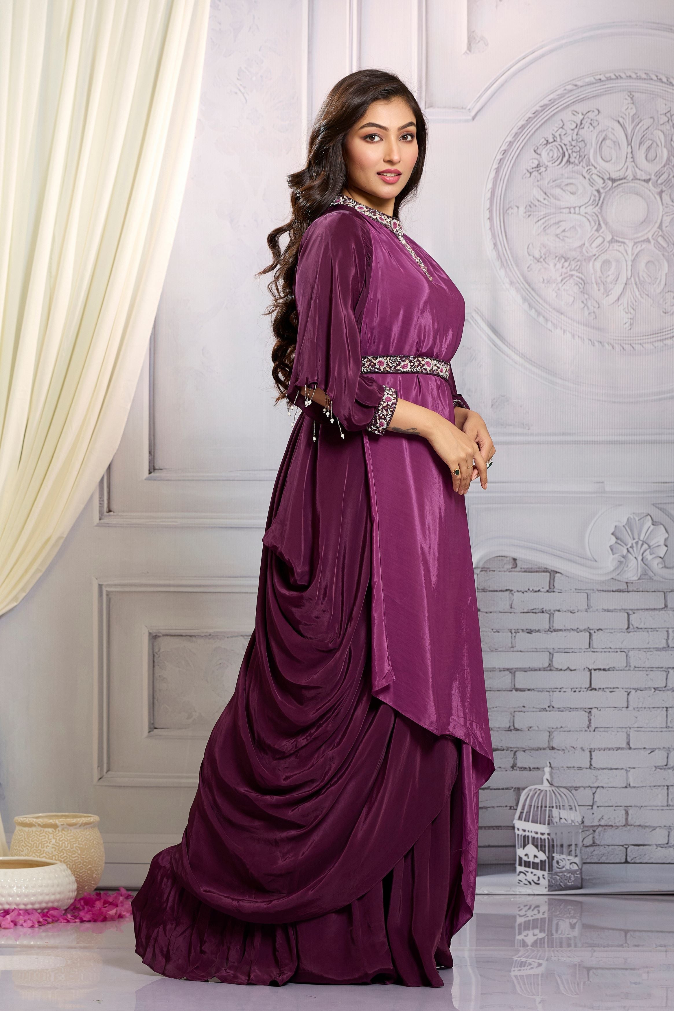 Bright Purple Embellished Chinon Silk Gown