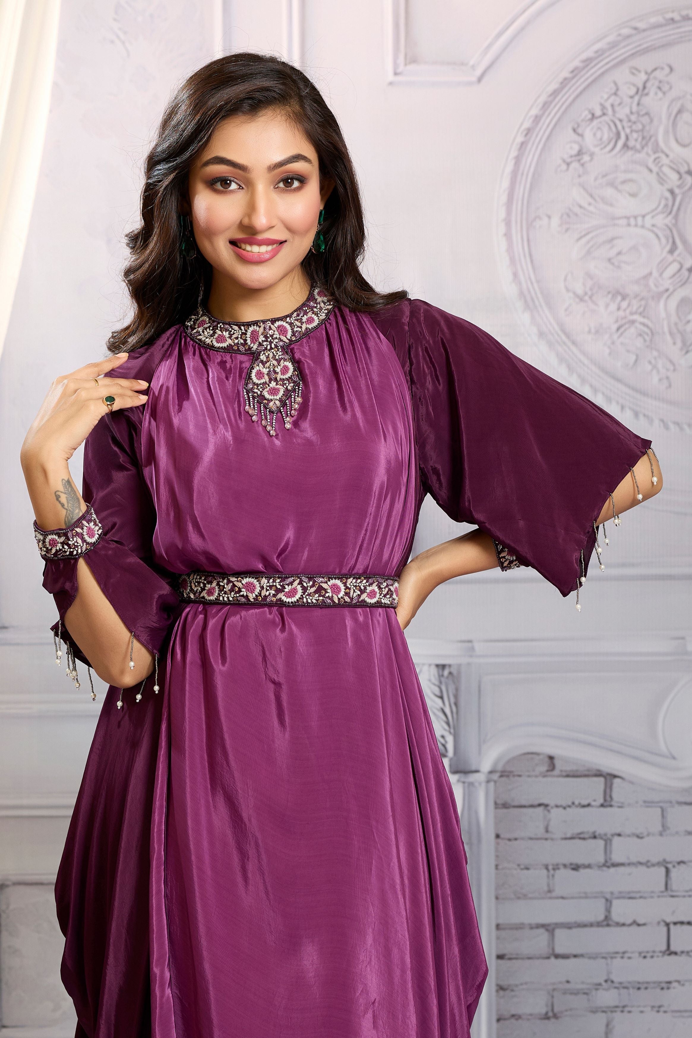 Bright Purple Embellished Chinon Silk Gown