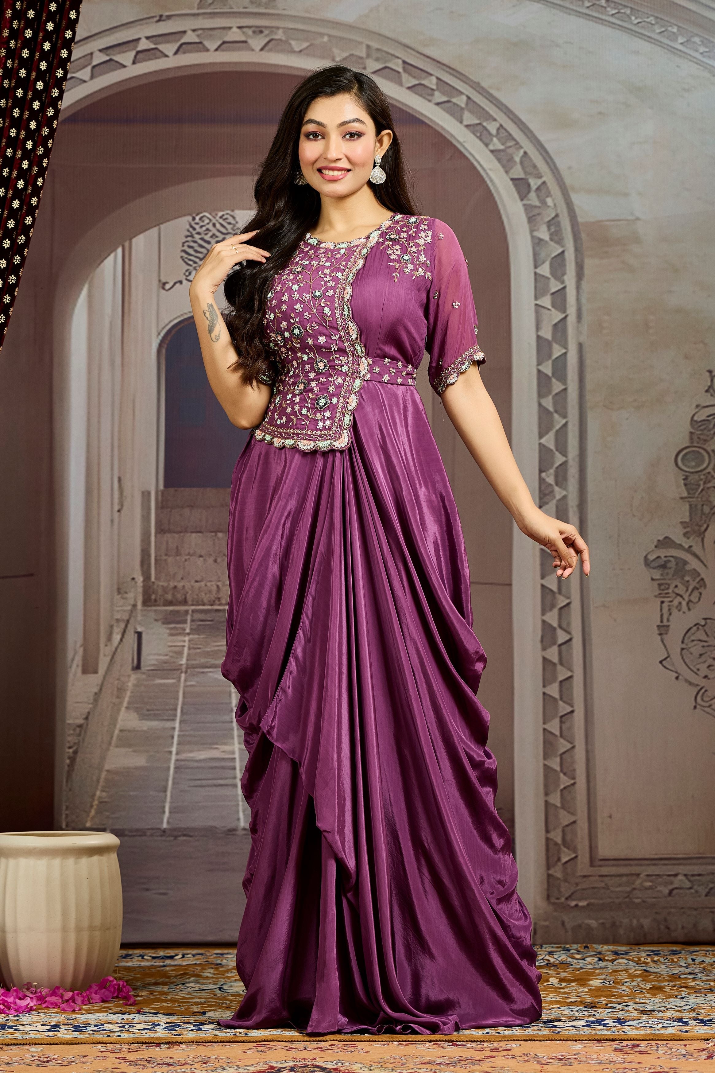 Mauve Embellished Chinon Silk Drape Gown