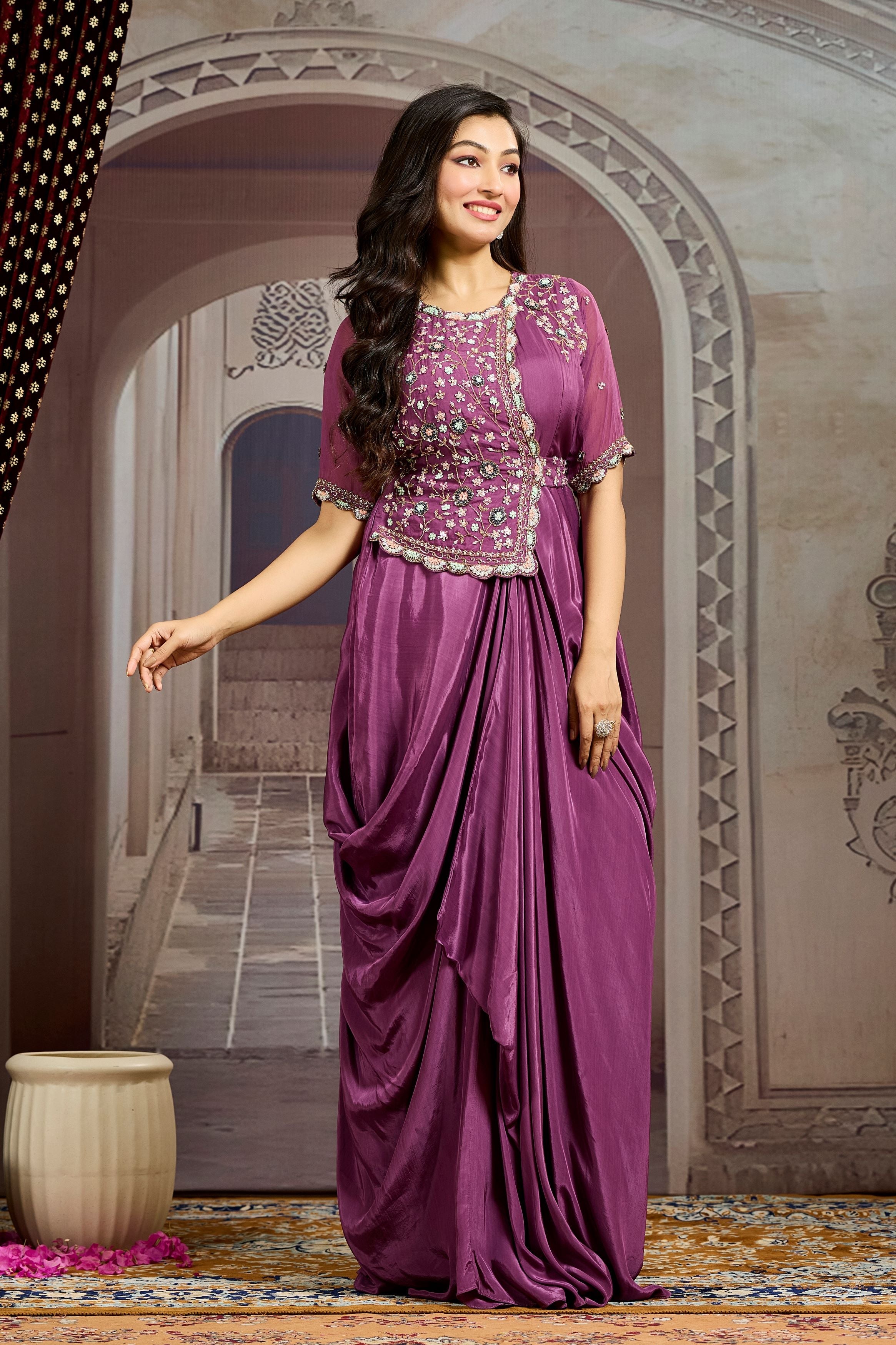 Mauve Embellished Chinon Silk Drape Gown