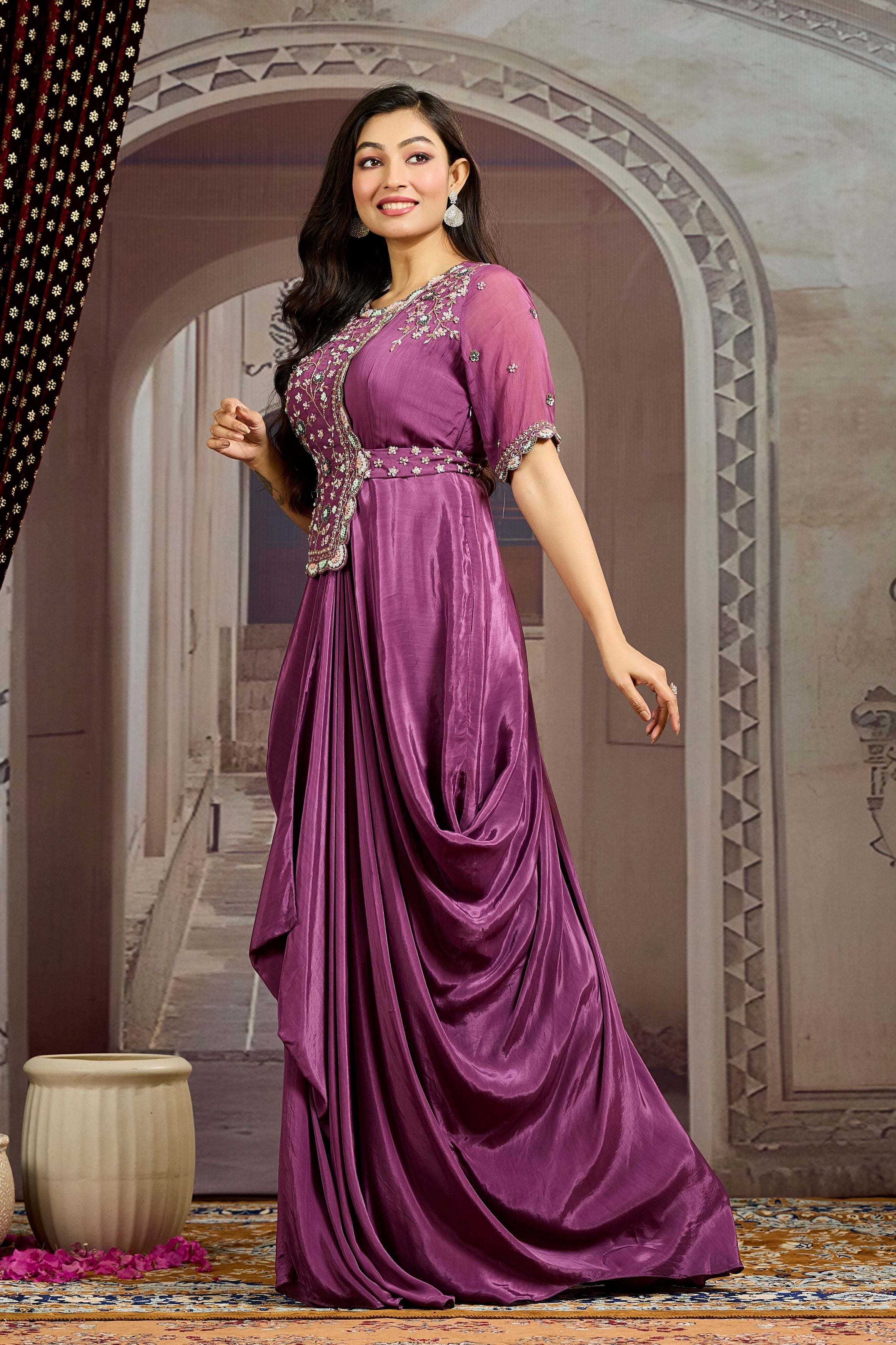 Mauve Embellished Chinon Silk Drape Gown