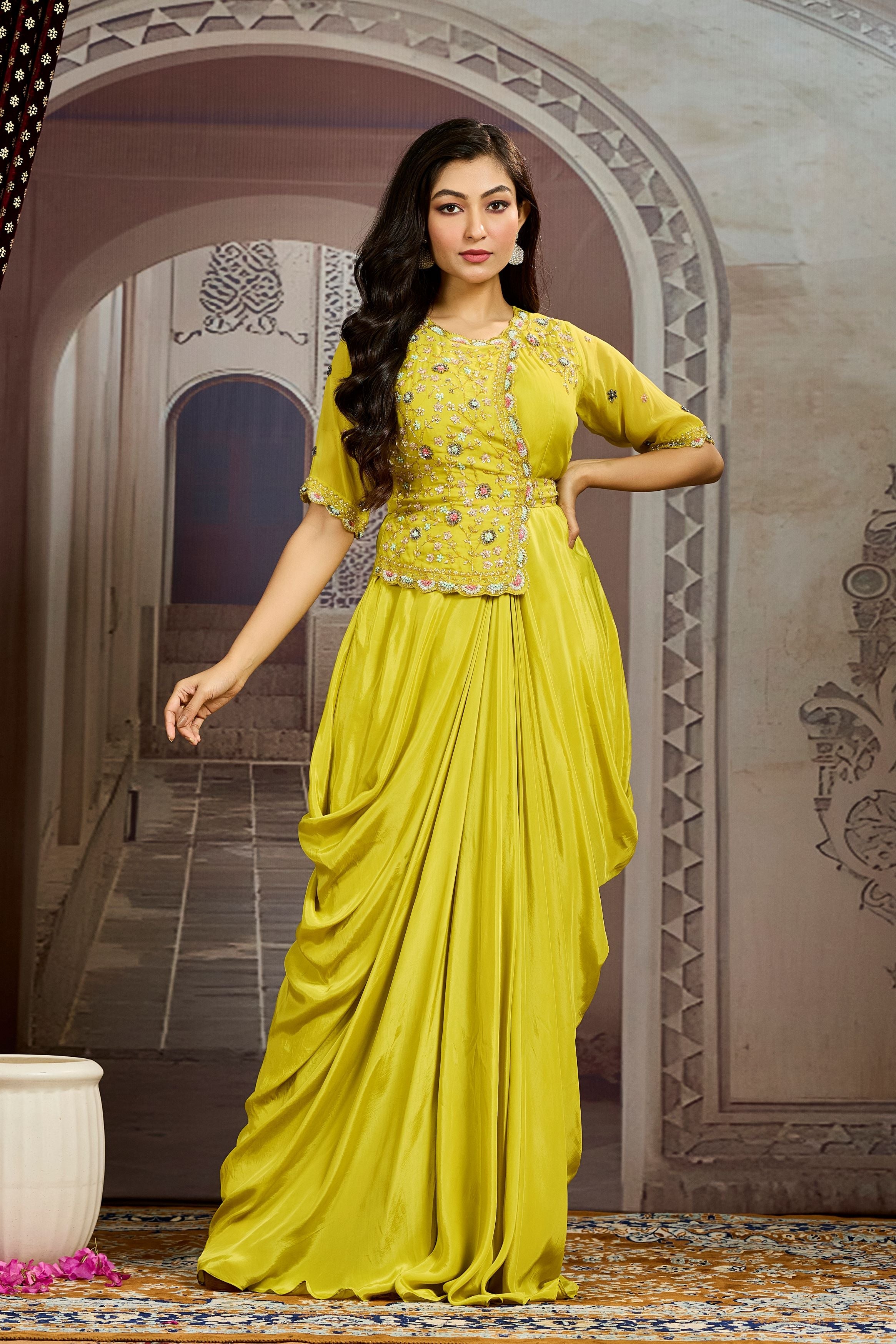 Bright Yellow Embellished Chinon Silk Drape Gown