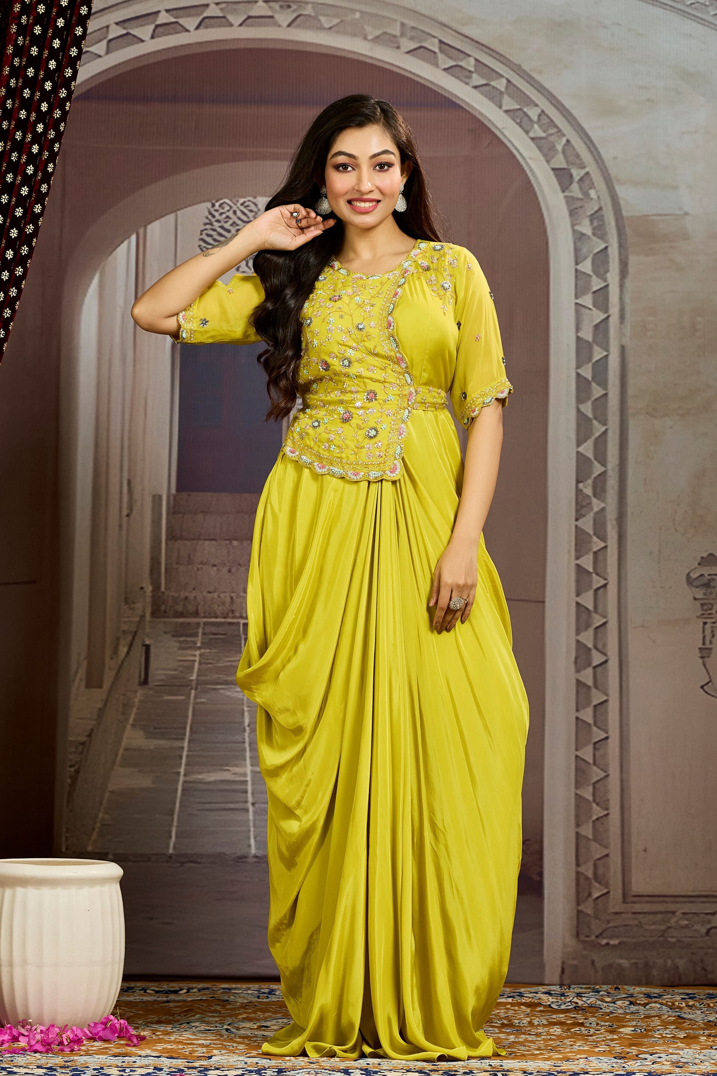 Bright Yellow Embellished Chinon Silk Drape Gown