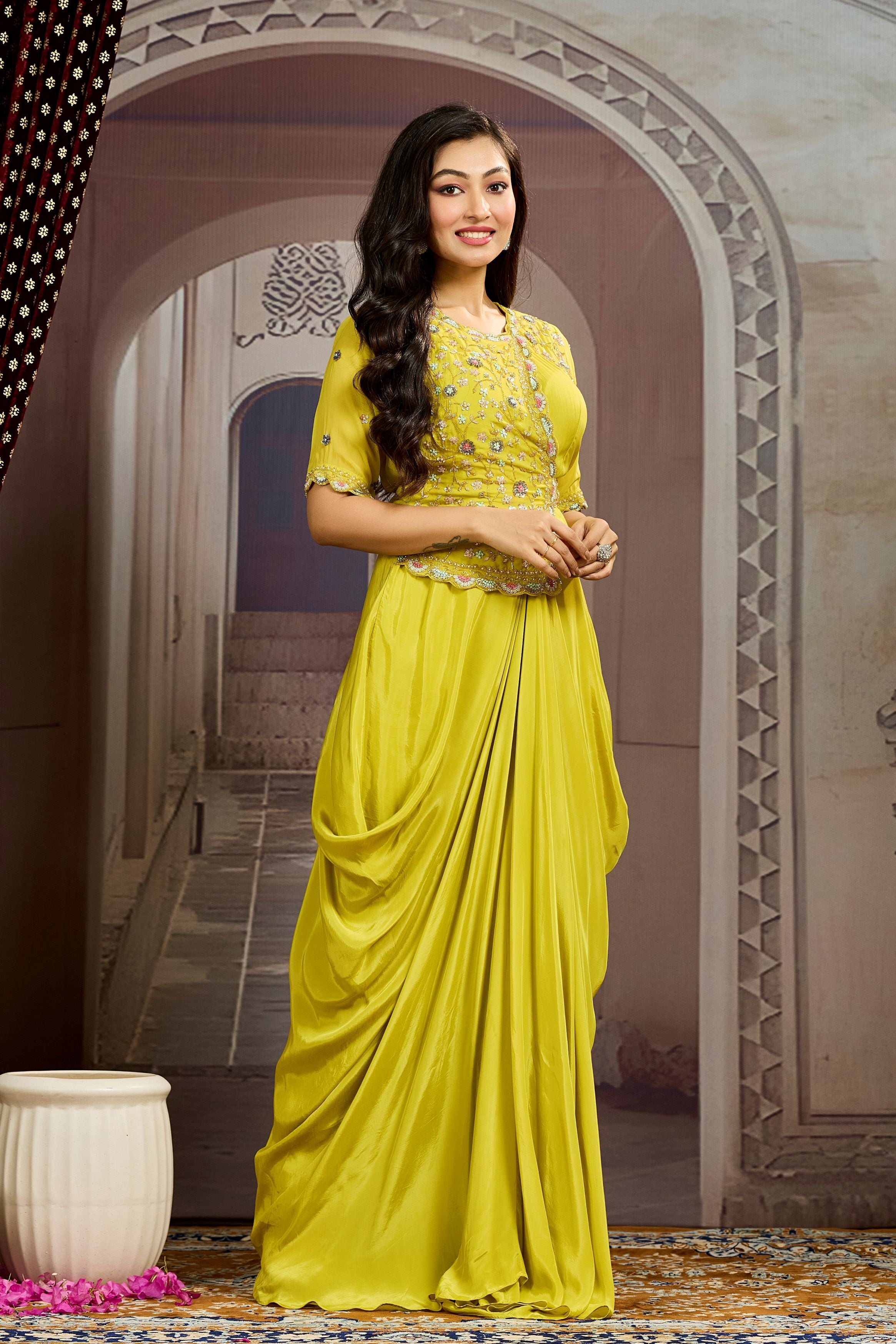 Bright Yellow Embellished Chinon Silk Drape Gown