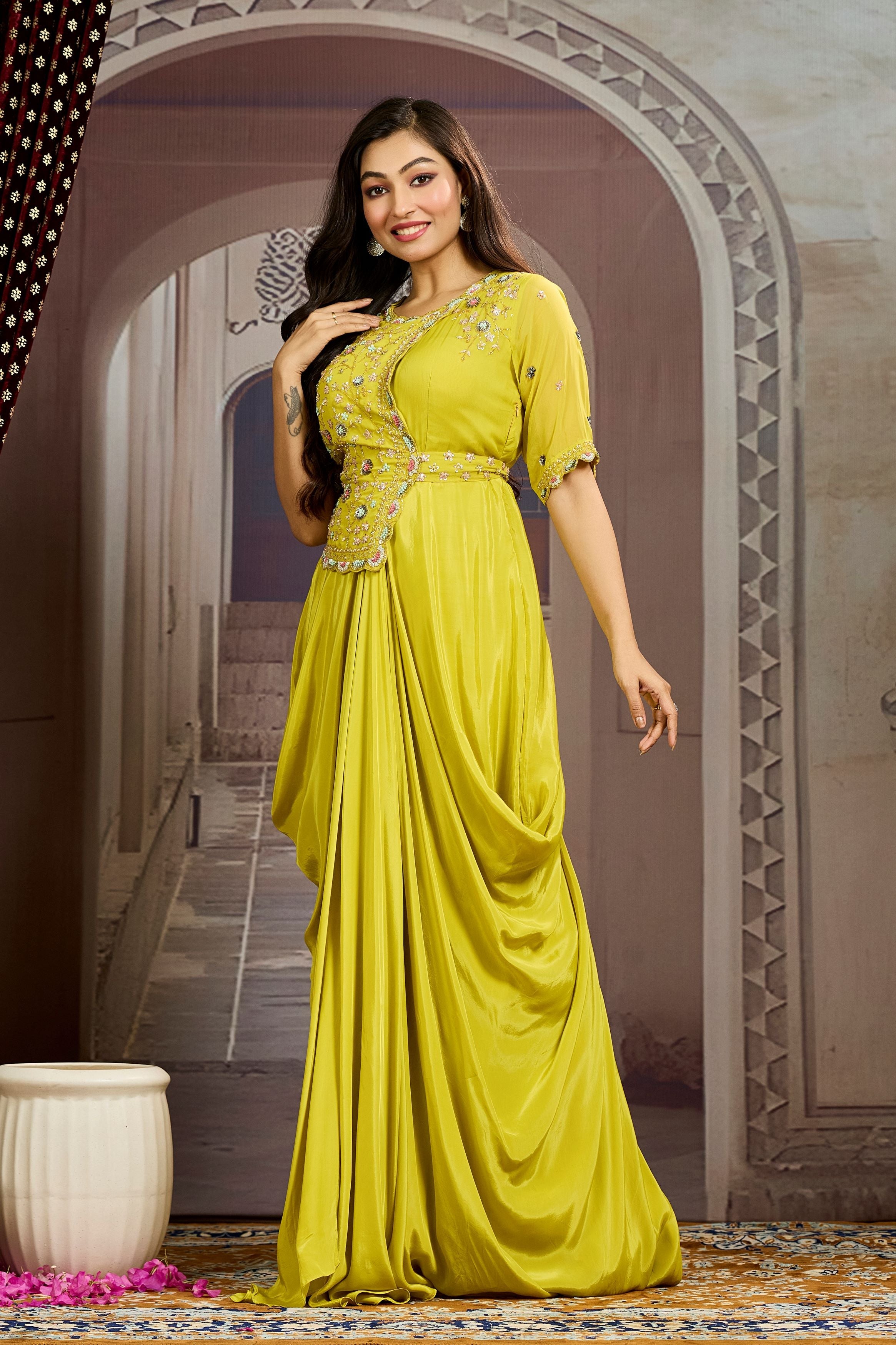 Bright Yellow Embellished Chinon Silk Drape Gown