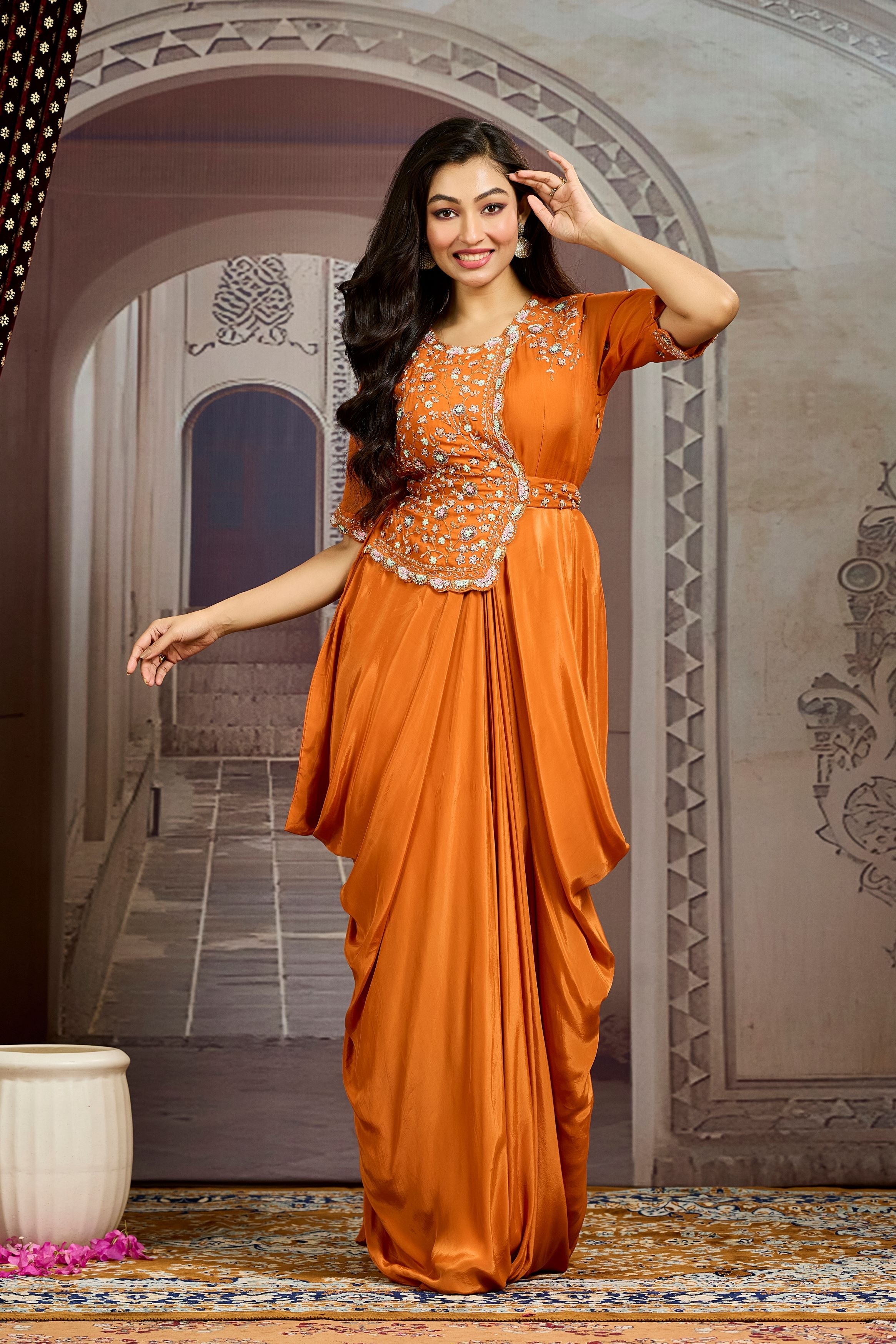 Bright Orange Embellished Chinon Silk Drape Gown