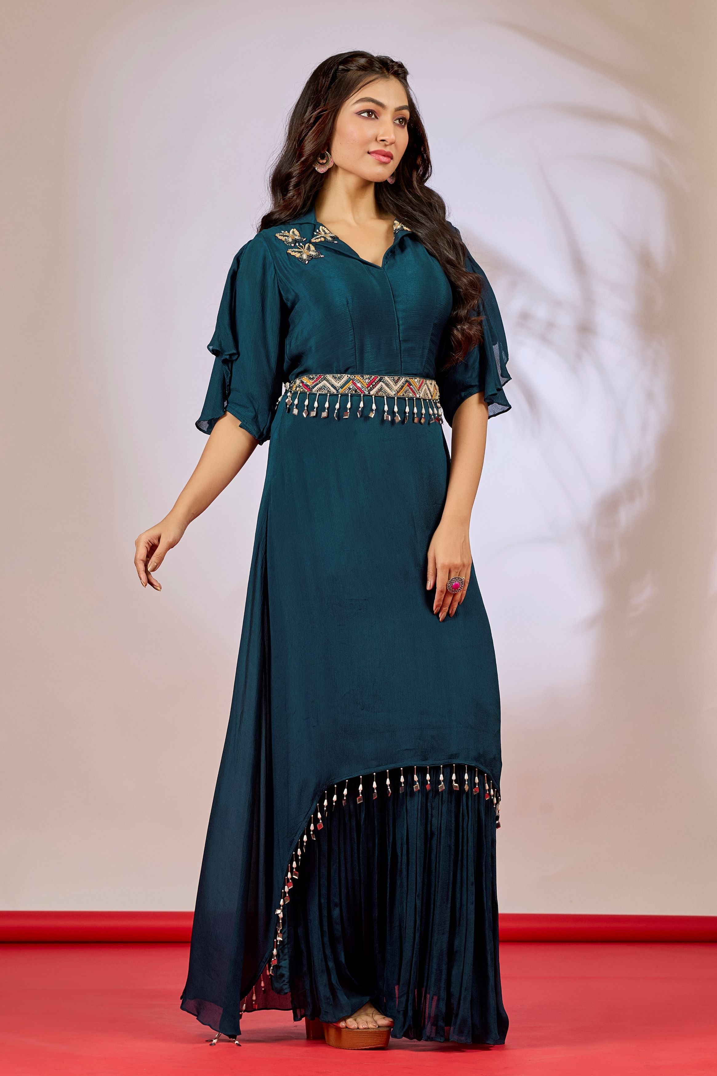 Teal Embellished Chinon Silk Gown