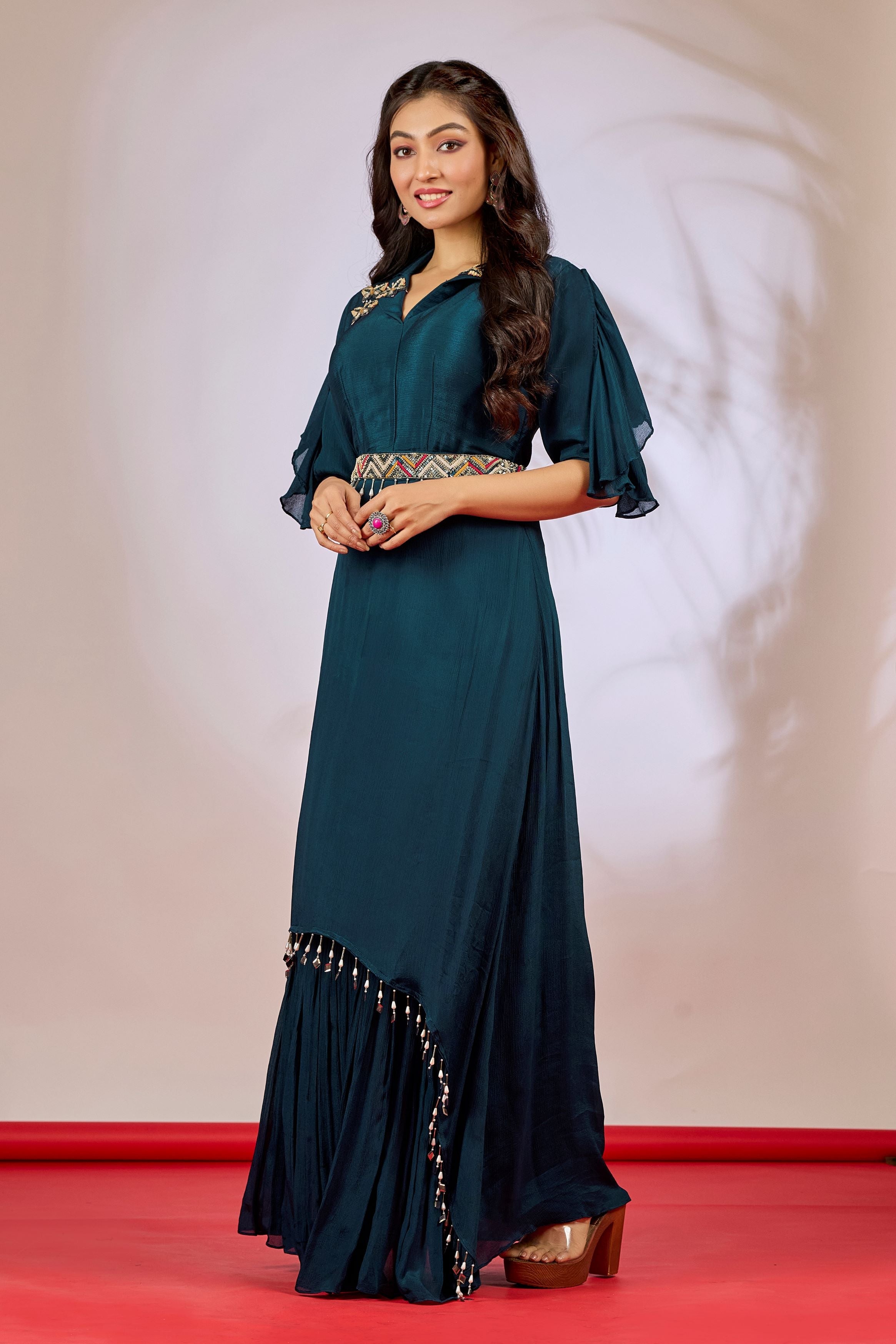 Teal Embellished Chinon Silk Gown