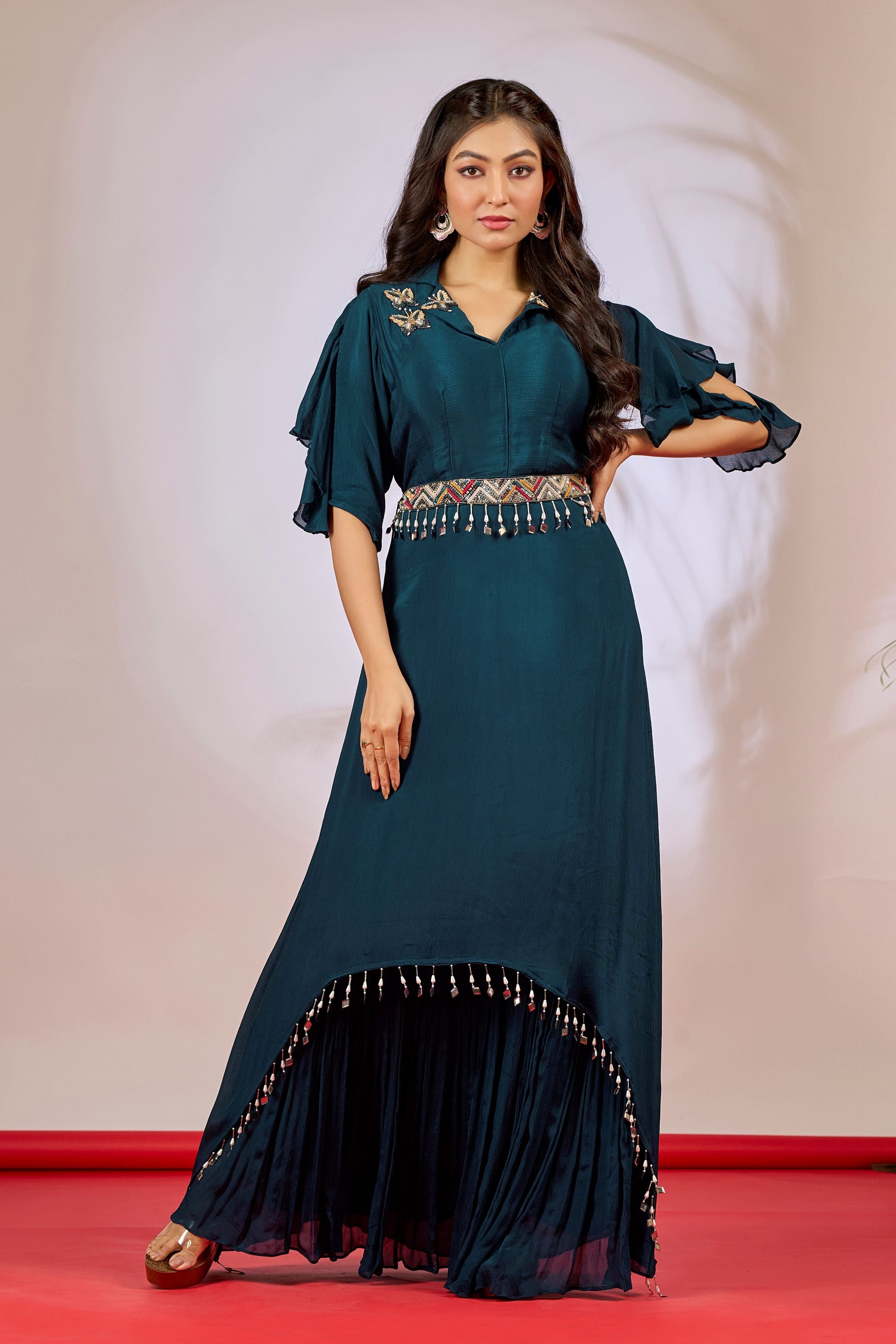 Teal Embellished Chinon Silk Gown