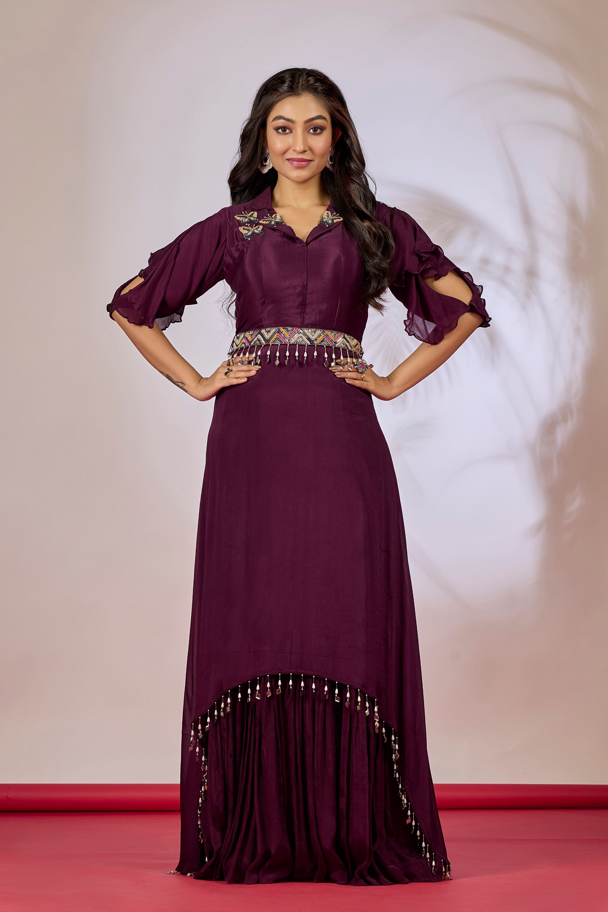 Wine Embellished Chinon Silk Gown