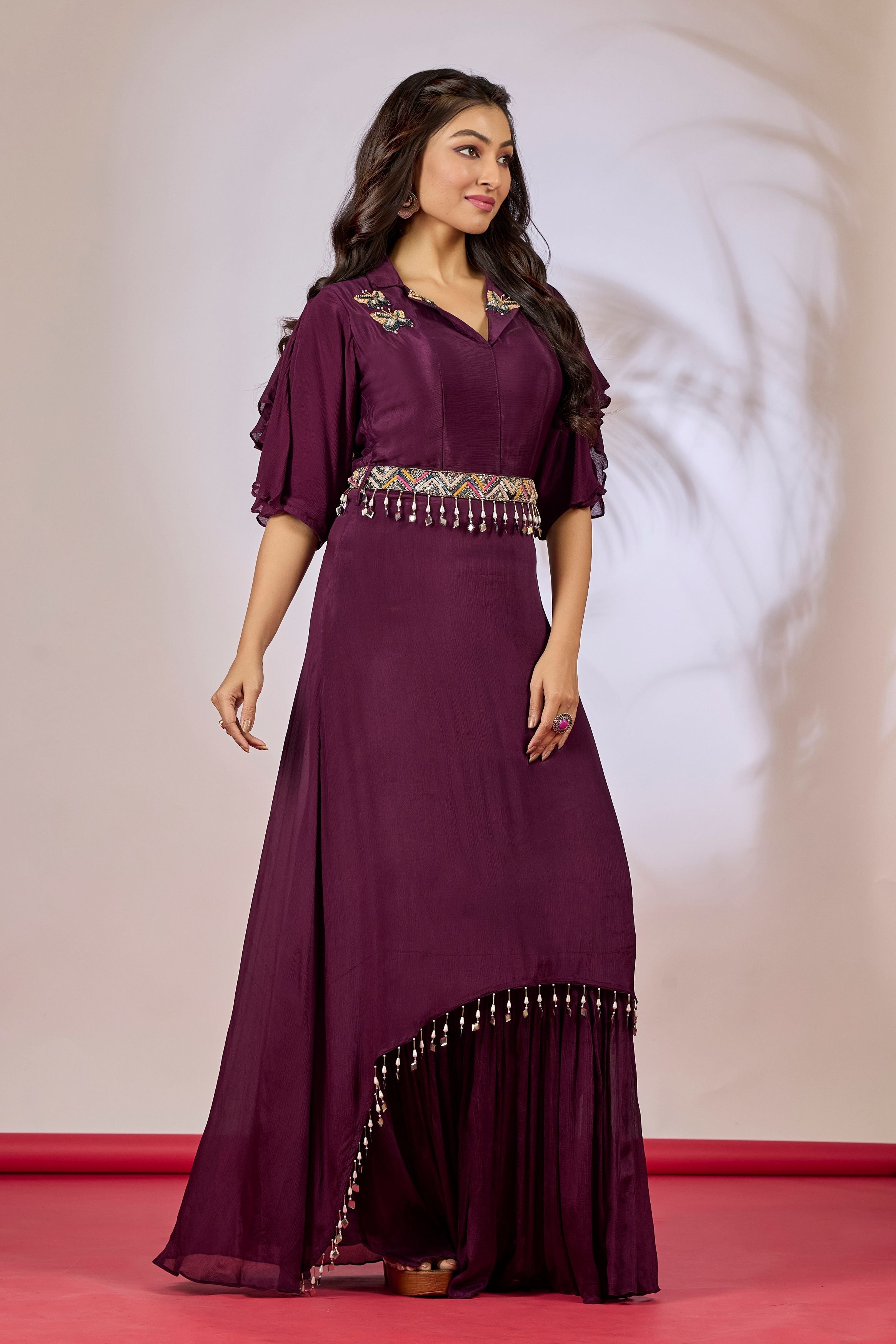 Wine Embellished Chinon Silk Gown