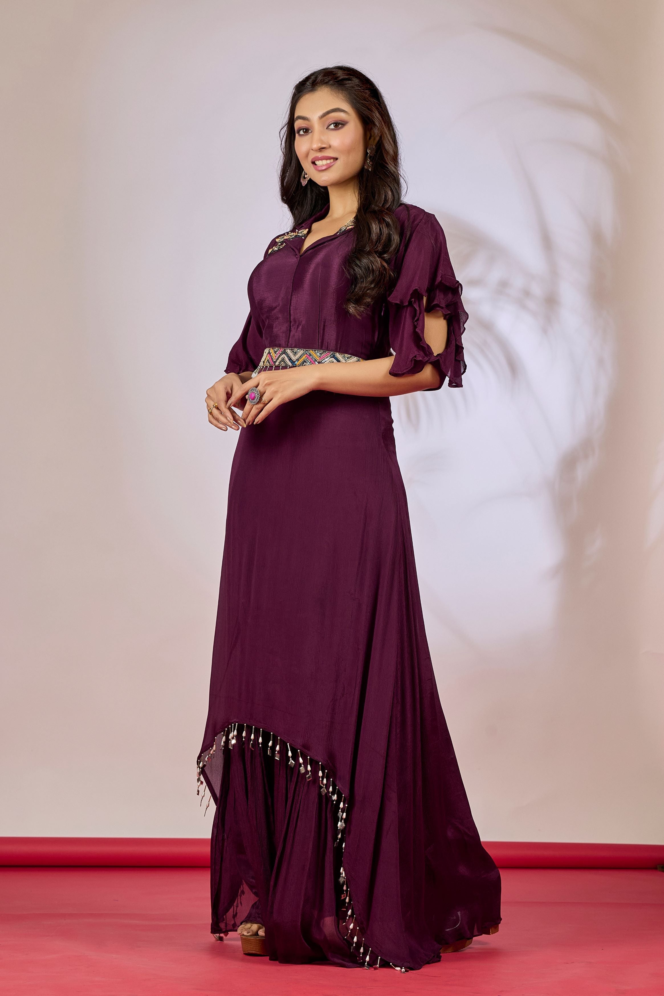 Wine Embellished Chinon Silk Gown