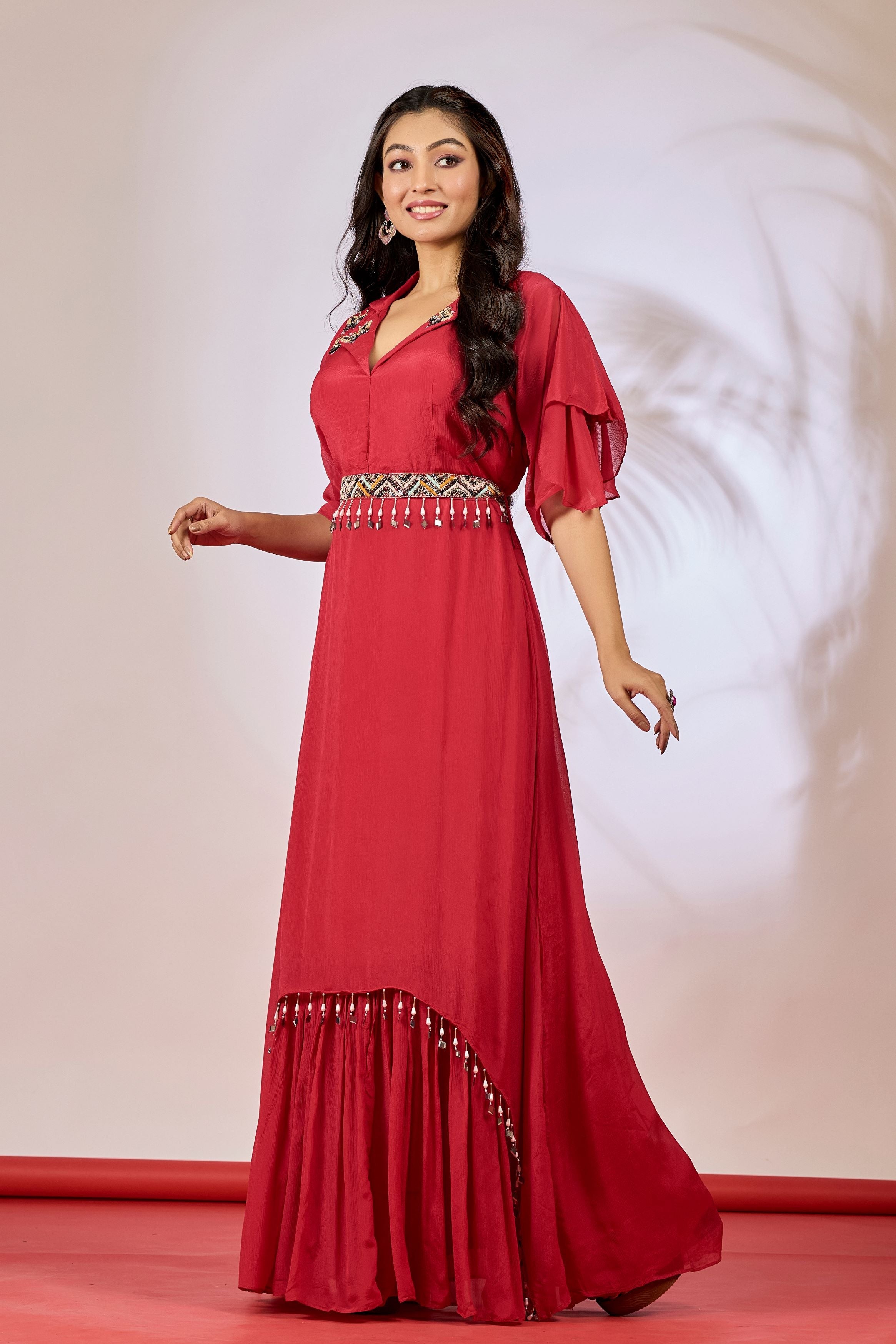 Red Embellished Chinon Silk Gown