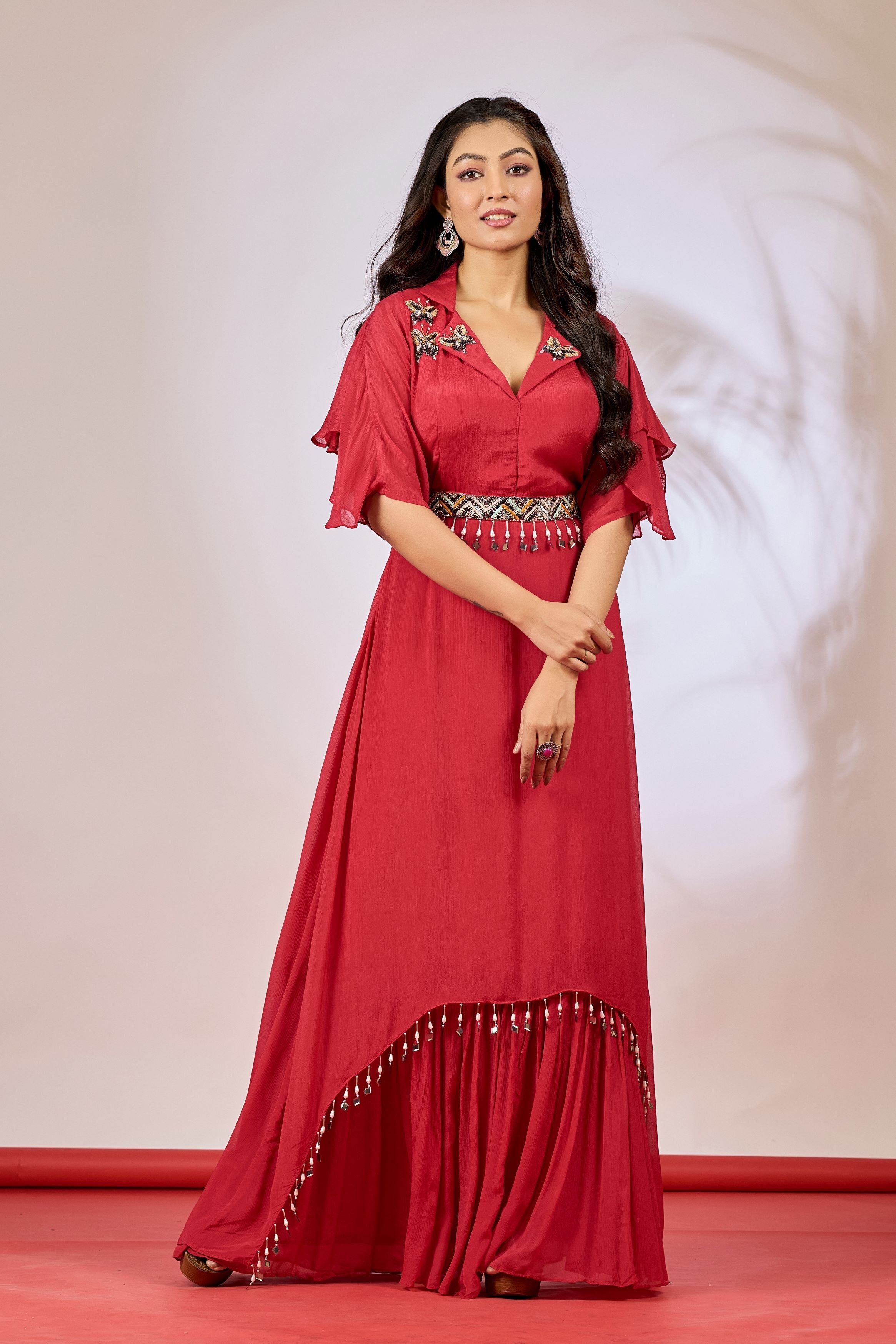 Red Embellished Chinon Silk Gown