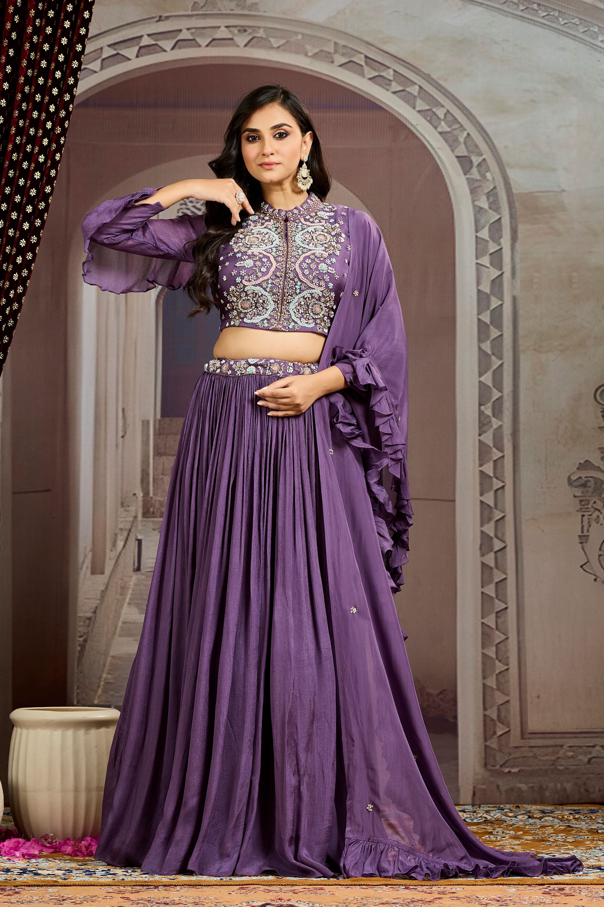 Purple Embellished Chinon Silk Skirt Set