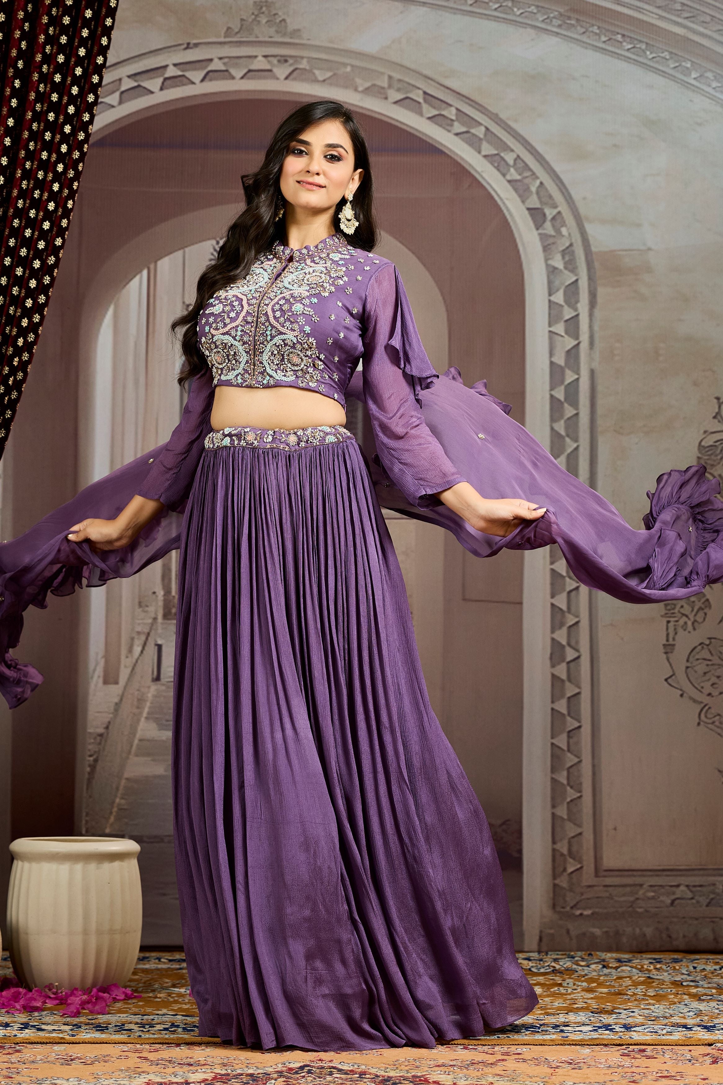 Purple Embellished Chinon Silk Skirt Set