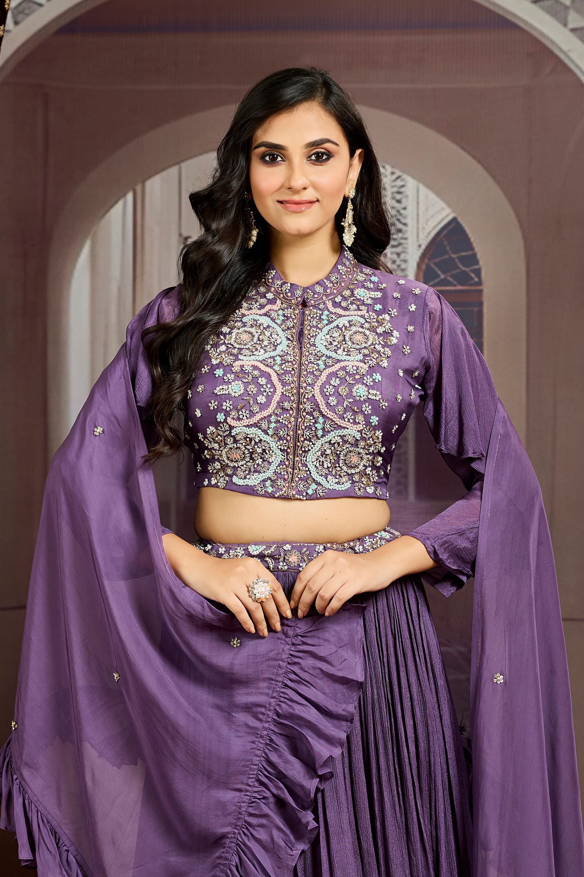 Purple Embellished Chinon Silk Skirt Set