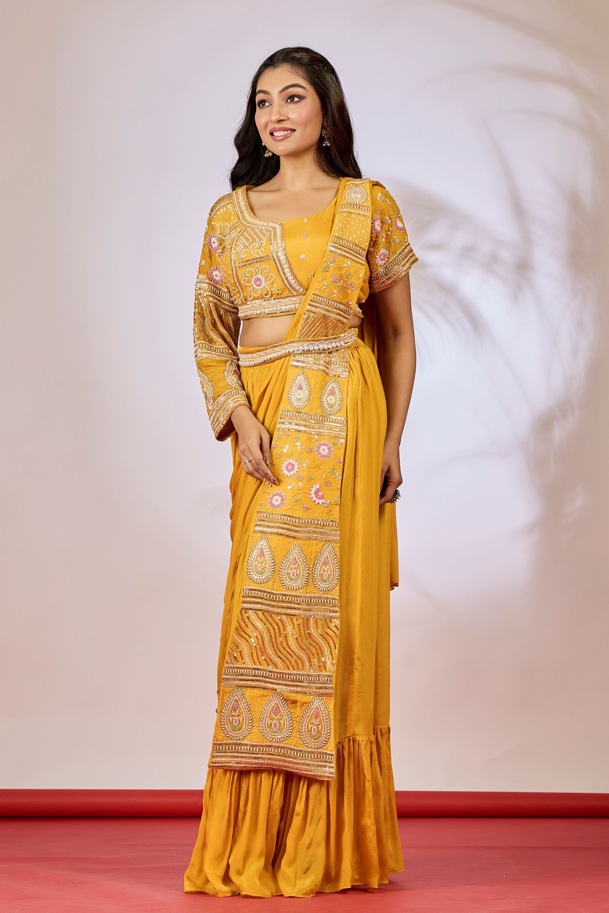 Mustard Yellow Embellished Chinon Silk Drape Saree