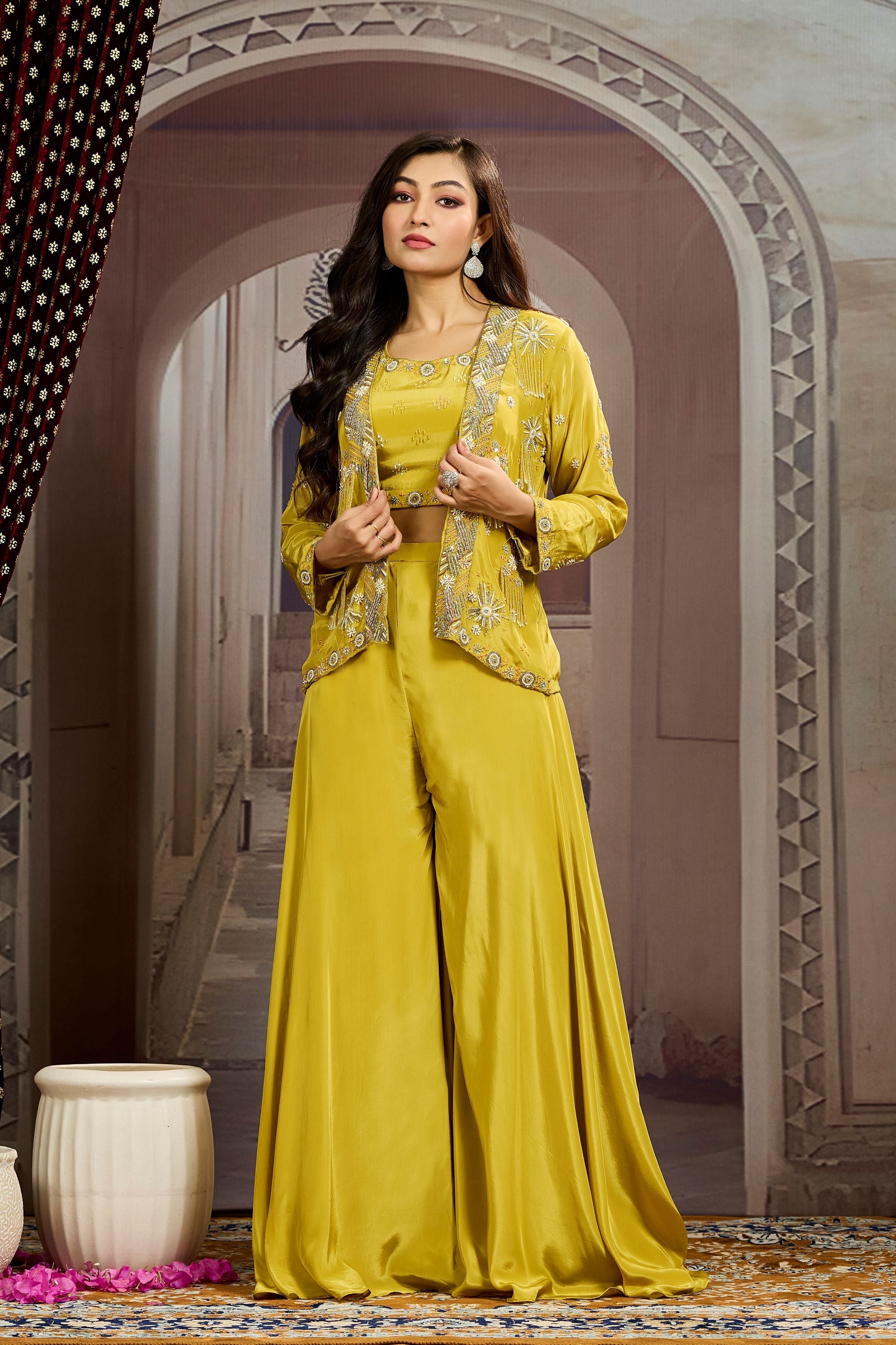 Bright Yellow Embellished Chinon Silk Jacket Sharara Set