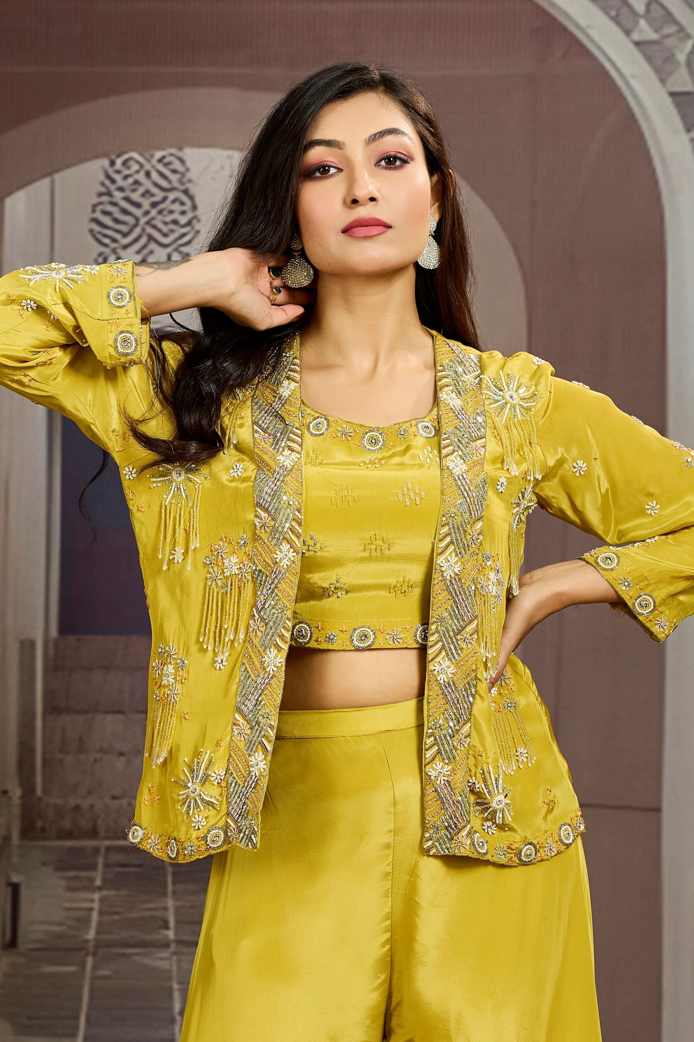 Bright Yellow Embellished Chinon Silk Jacket Sharara Set