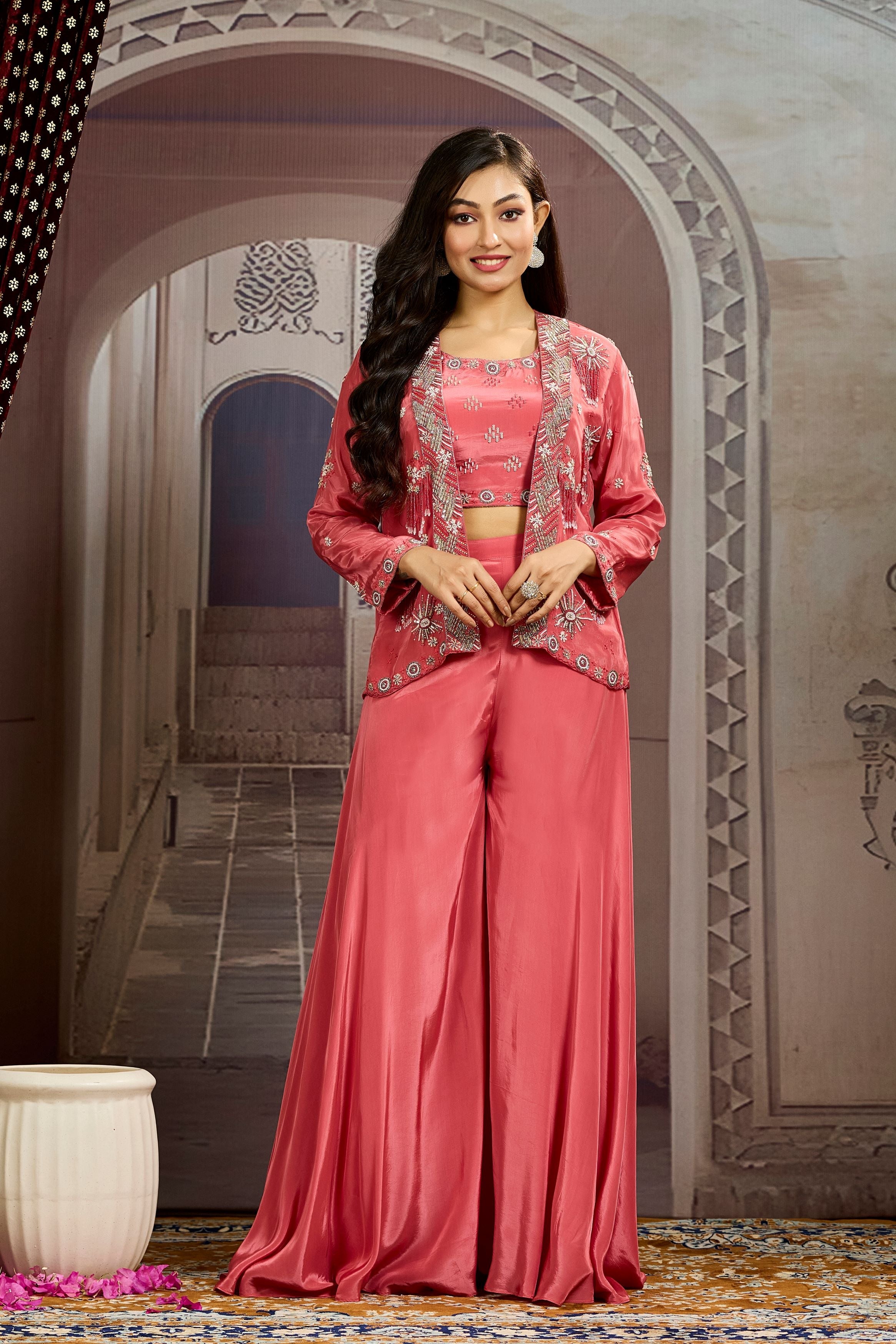 Peach Embellished Chinon Silk Jacket Sharara Set