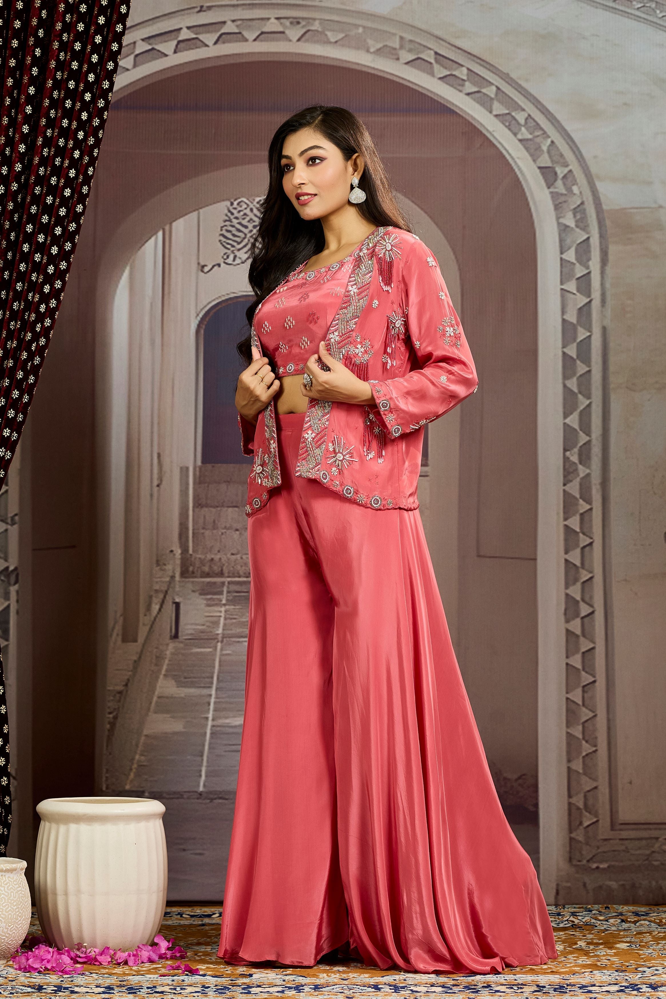 Peach Embellished Chinon Silk Jacket Sharara Set