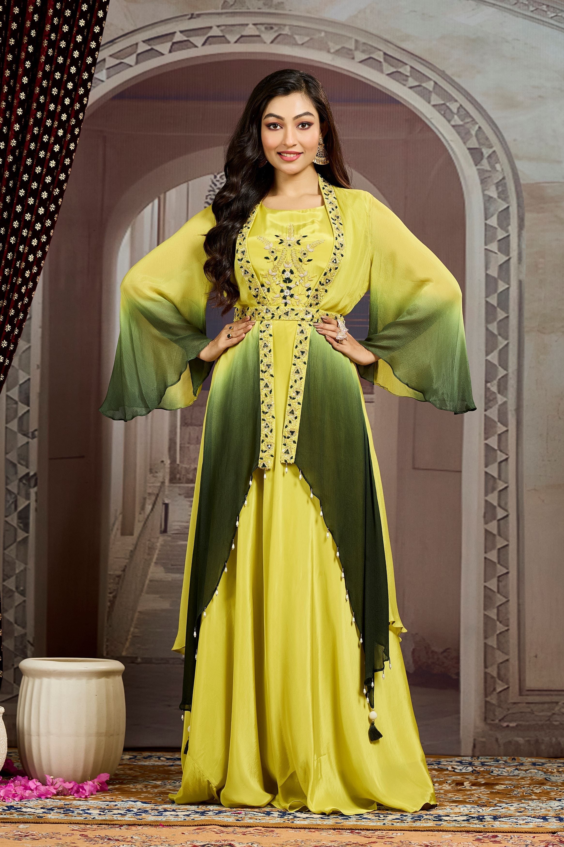 Pear Green Ombre-Dyed Chinon Silk Cape Gown