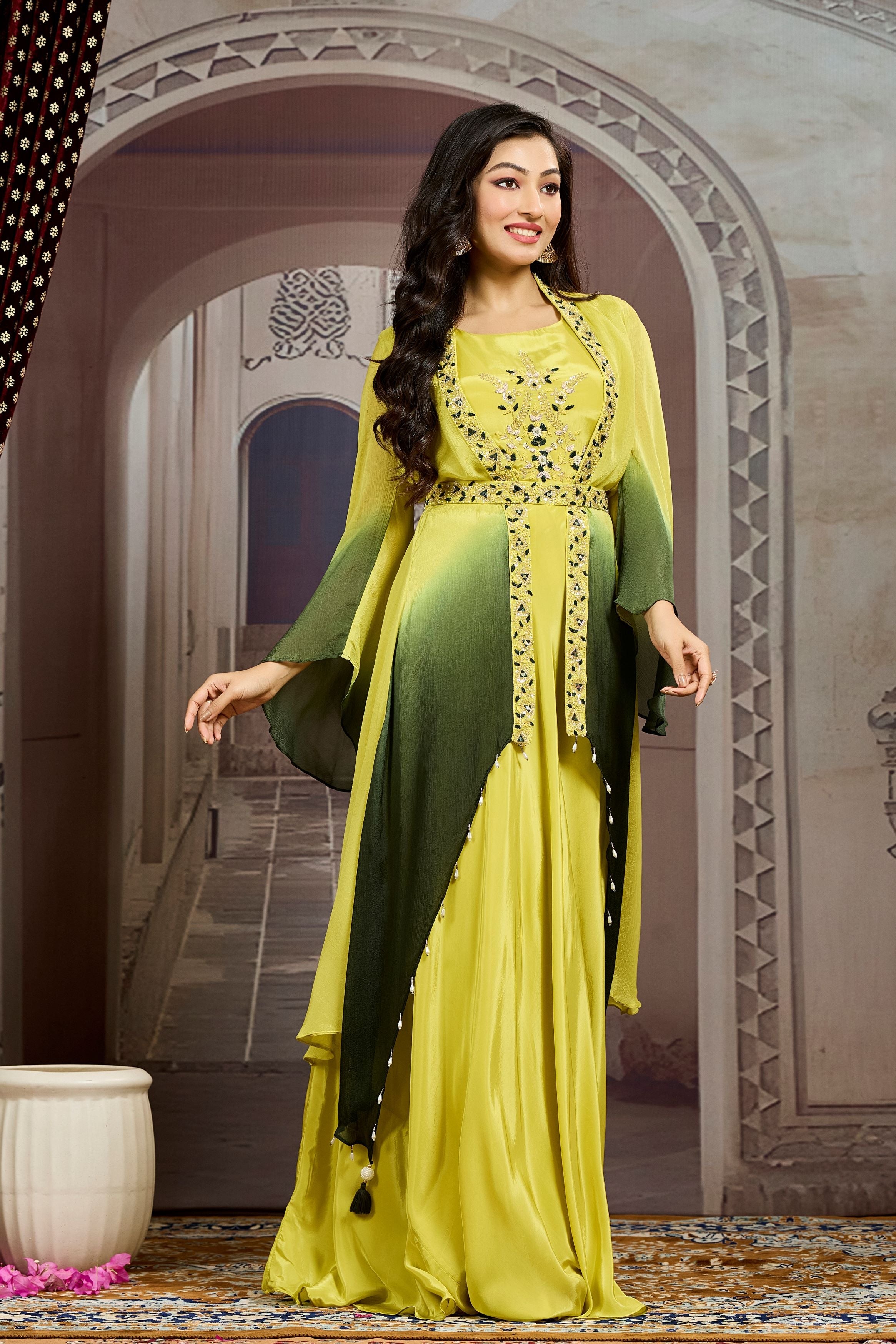 Pear Green Ombre-Dyed Chinon Silk Cape Gown