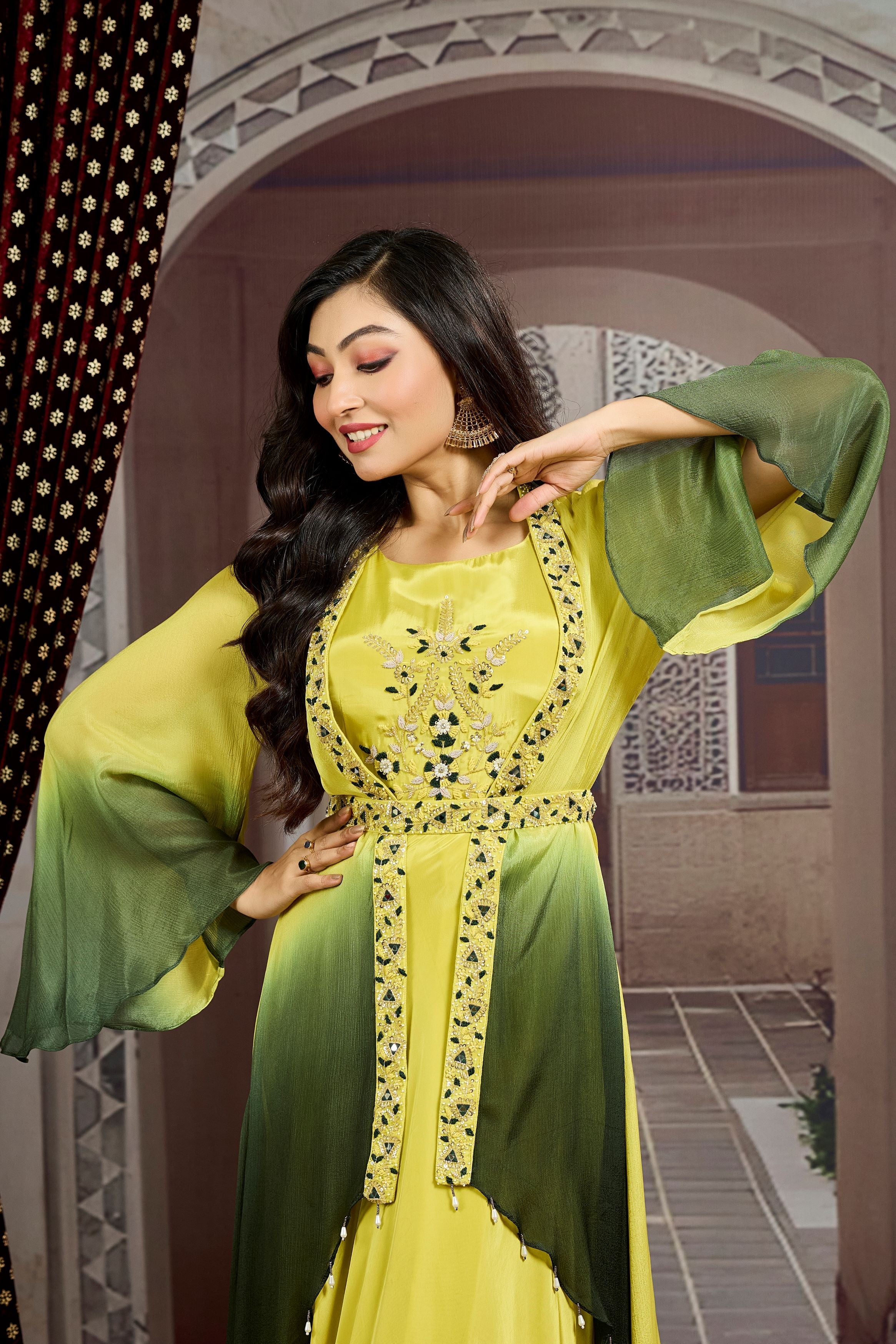 Pear Green Ombre-Dyed Chinon Silk Cape Gown