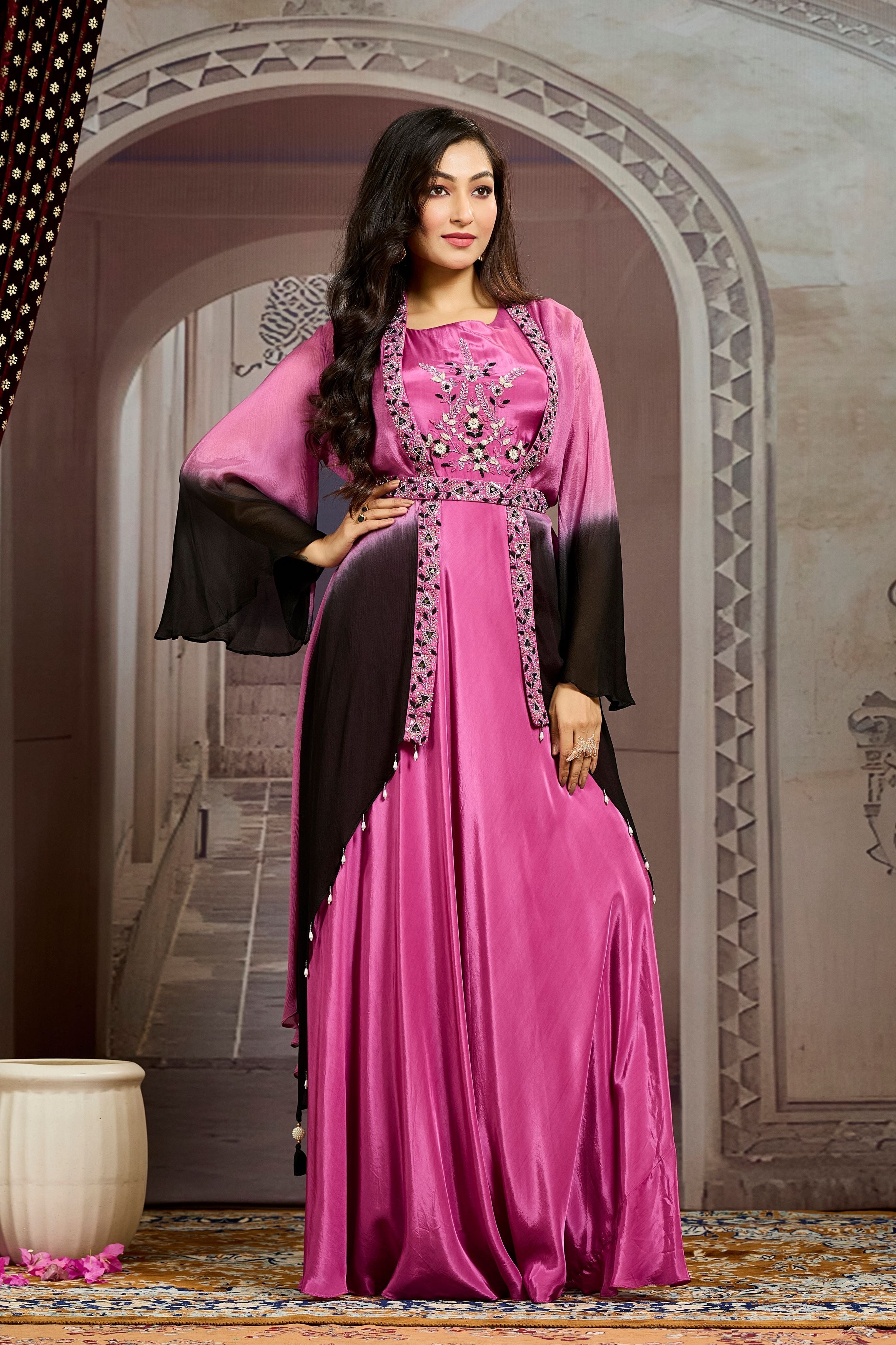 Glam Pink Ombre-Dyed Chinon Silk Cape Gown