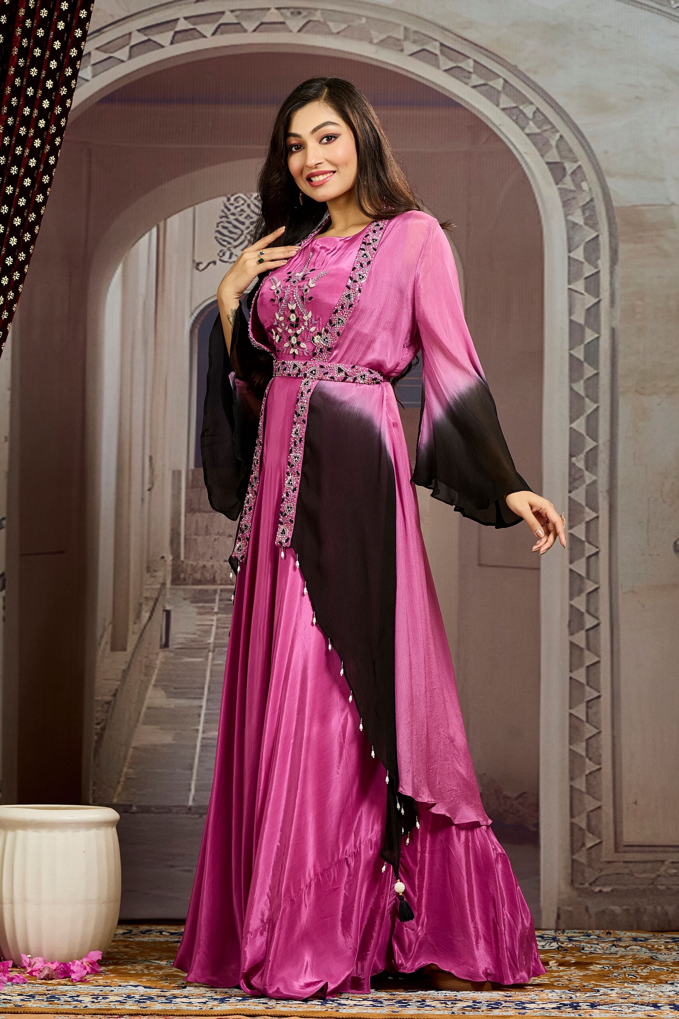 Glam Pink Ombre-Dyed Chinon Silk Cape Gown