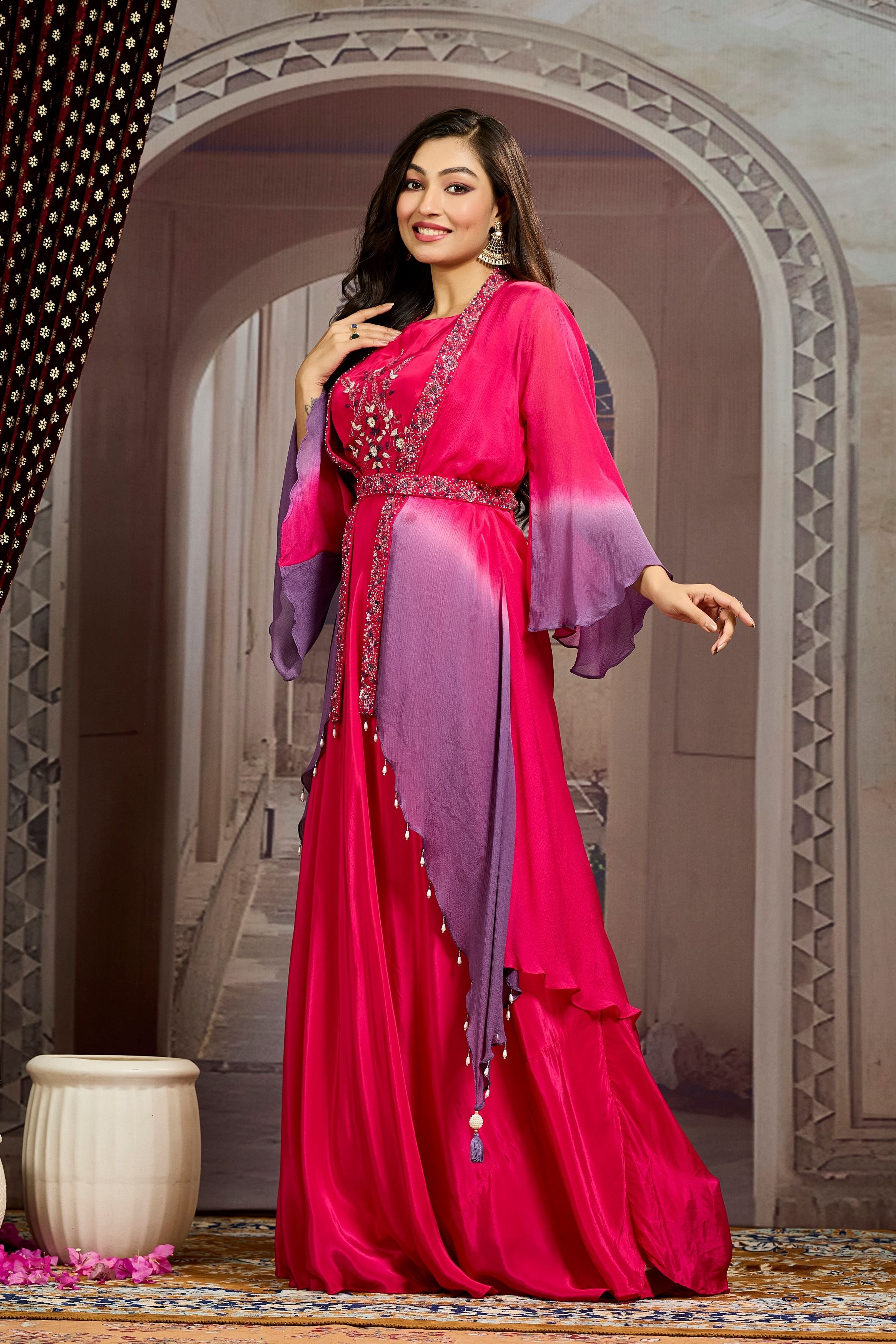 Pink Ombre-Dyed Chinon Silk Cape Gown