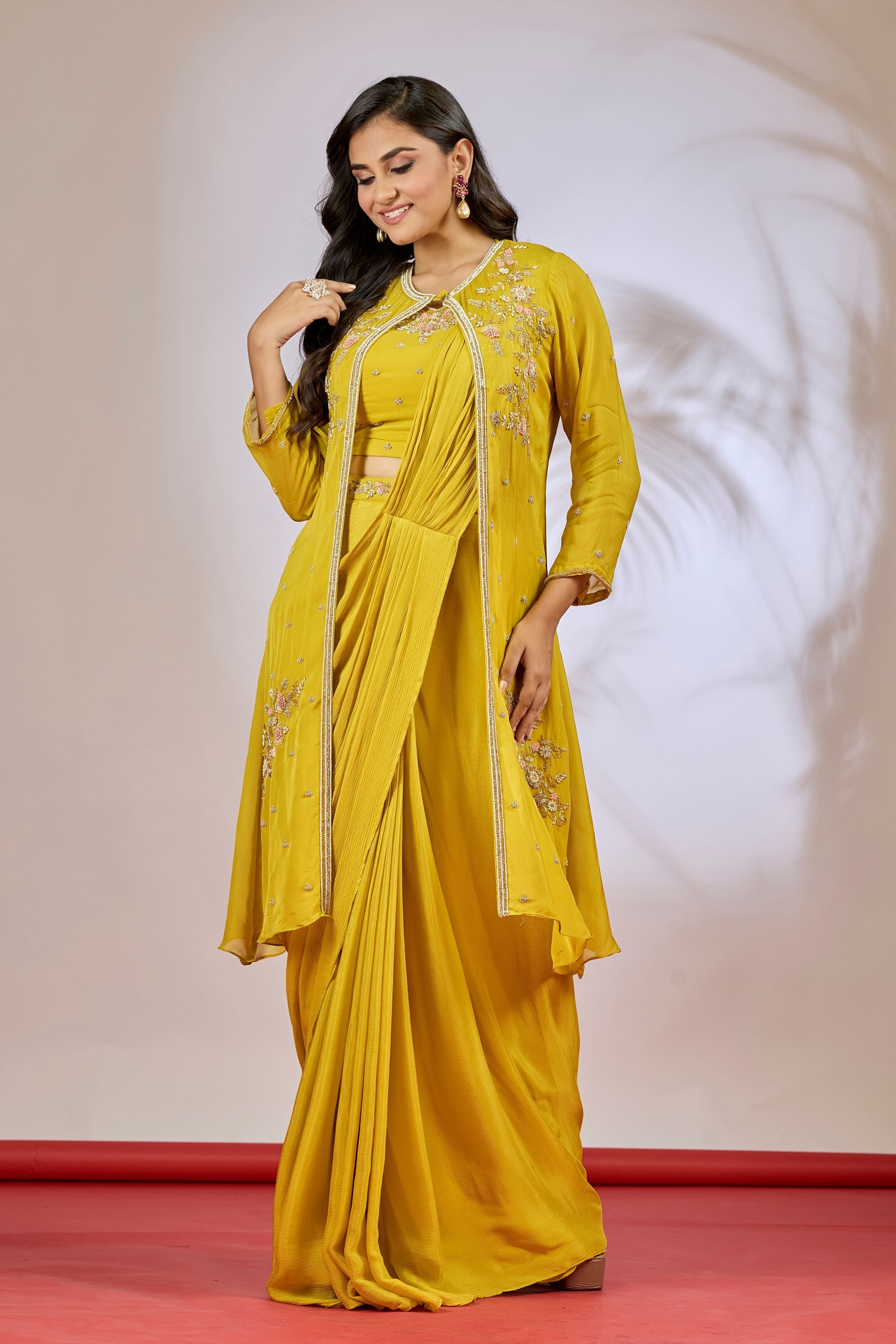 Mustard Yellow Embellished Chinon Silk Saree