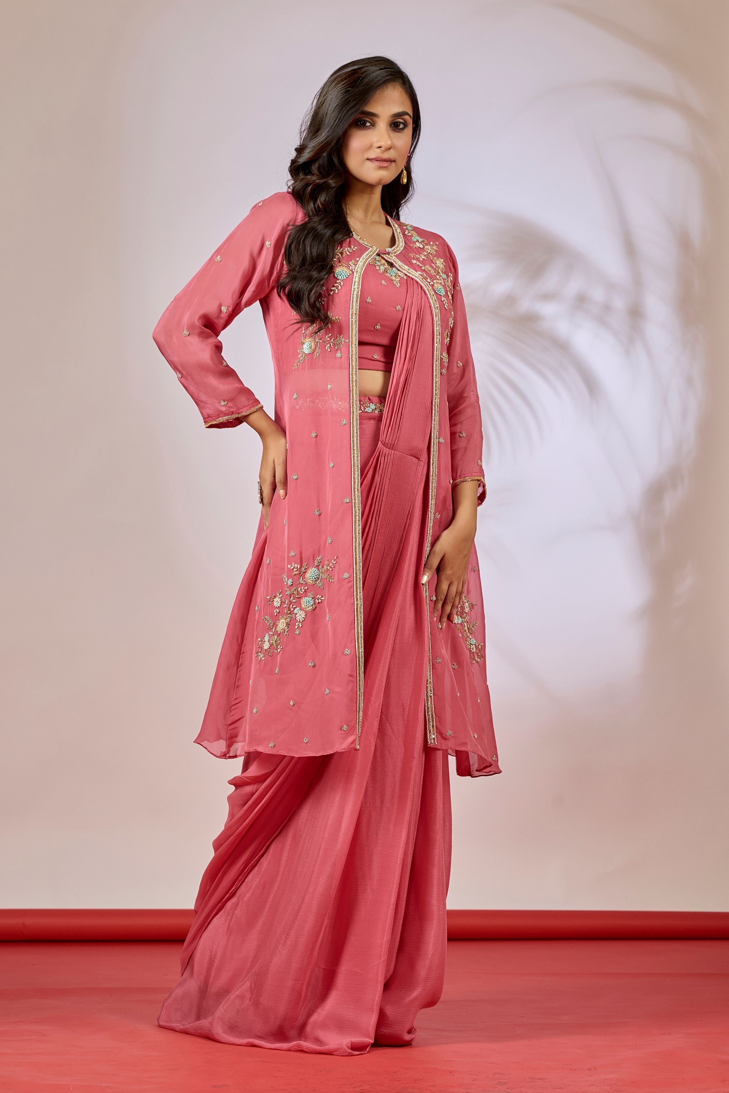 Blush Pink Embellished Chinon Silk Saree