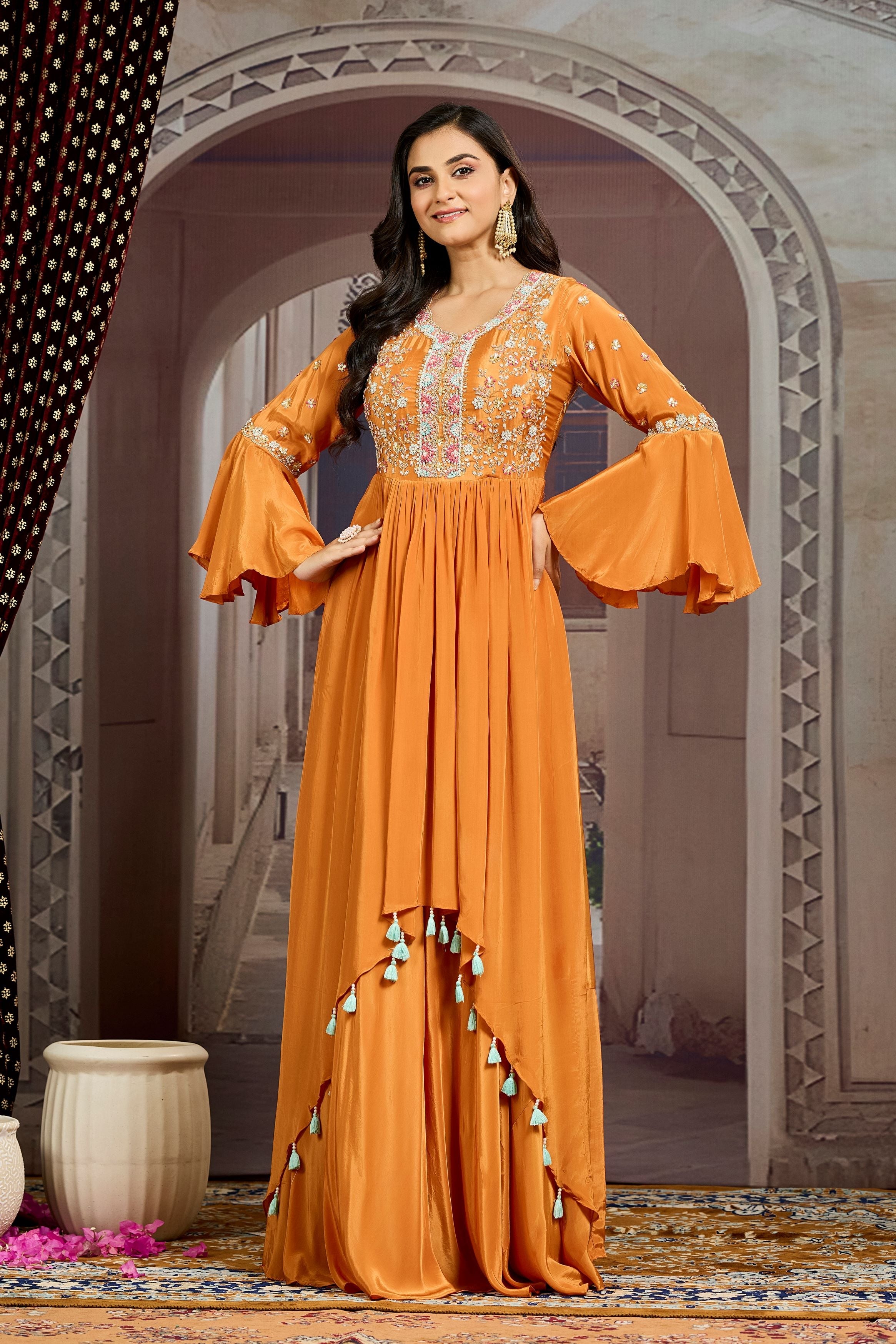 Orange Embellished Chinon Silk  Gown