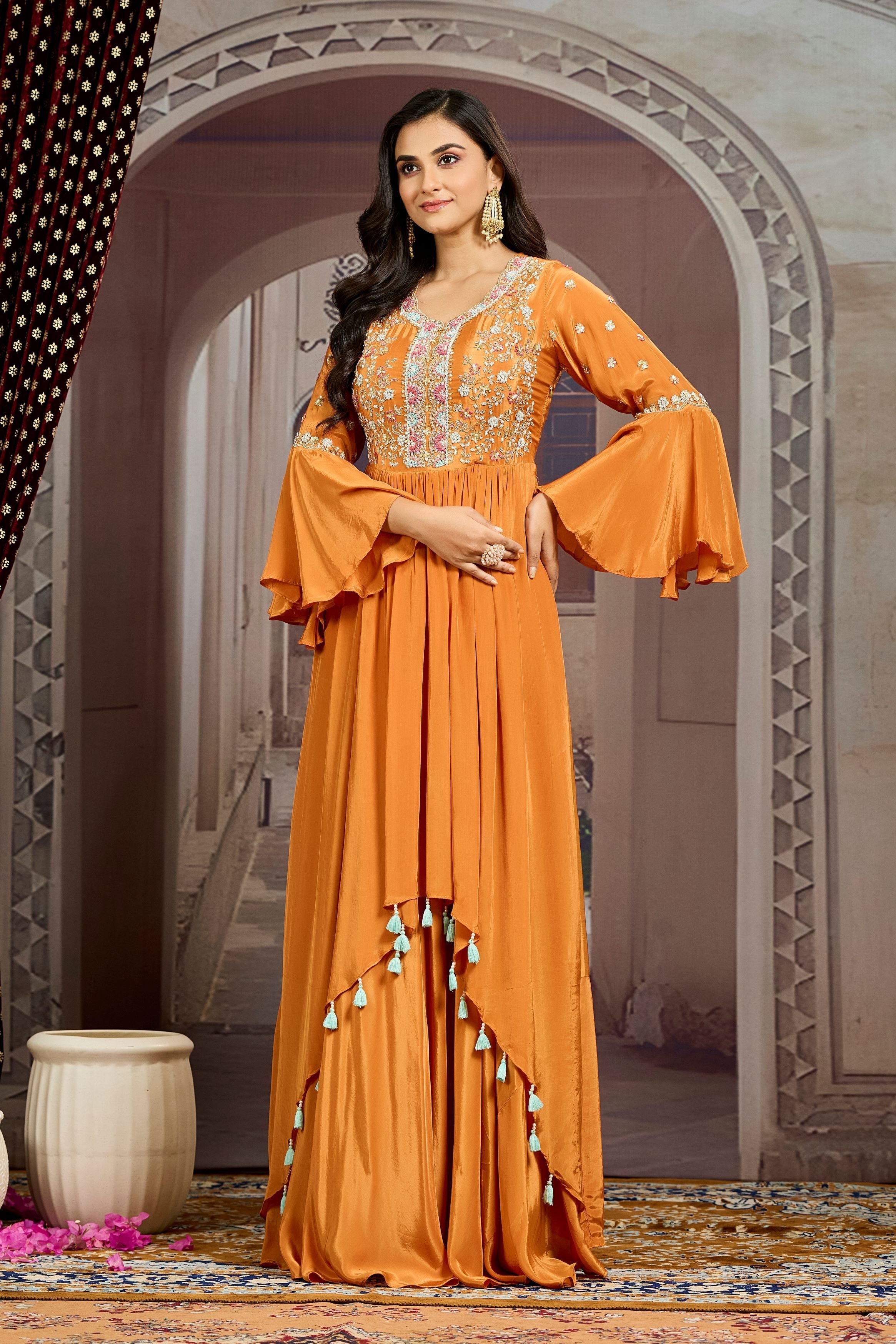 Orange Embellished Chinon Silk  Gown