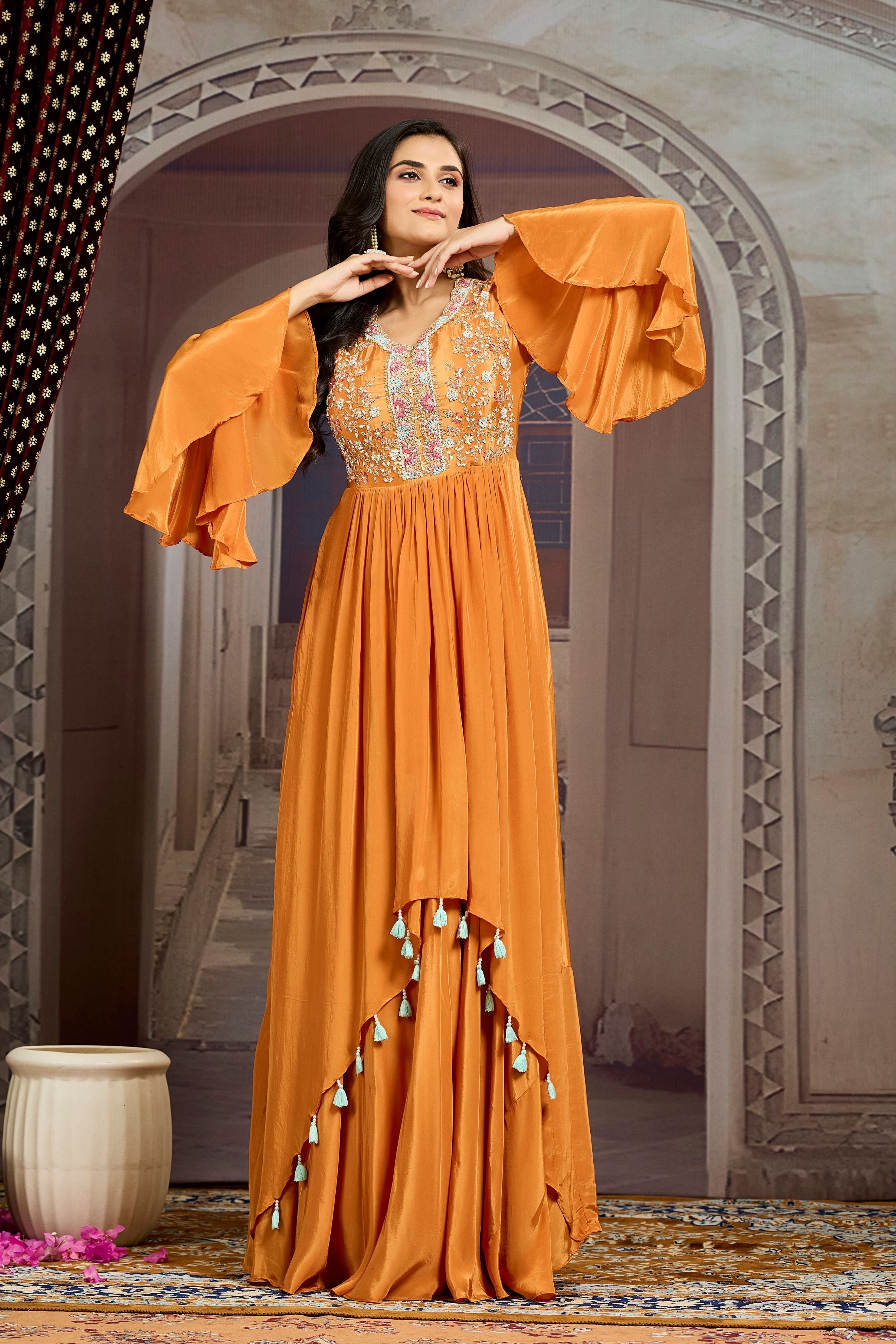 Orange Embellished Chinon Silk  Gown