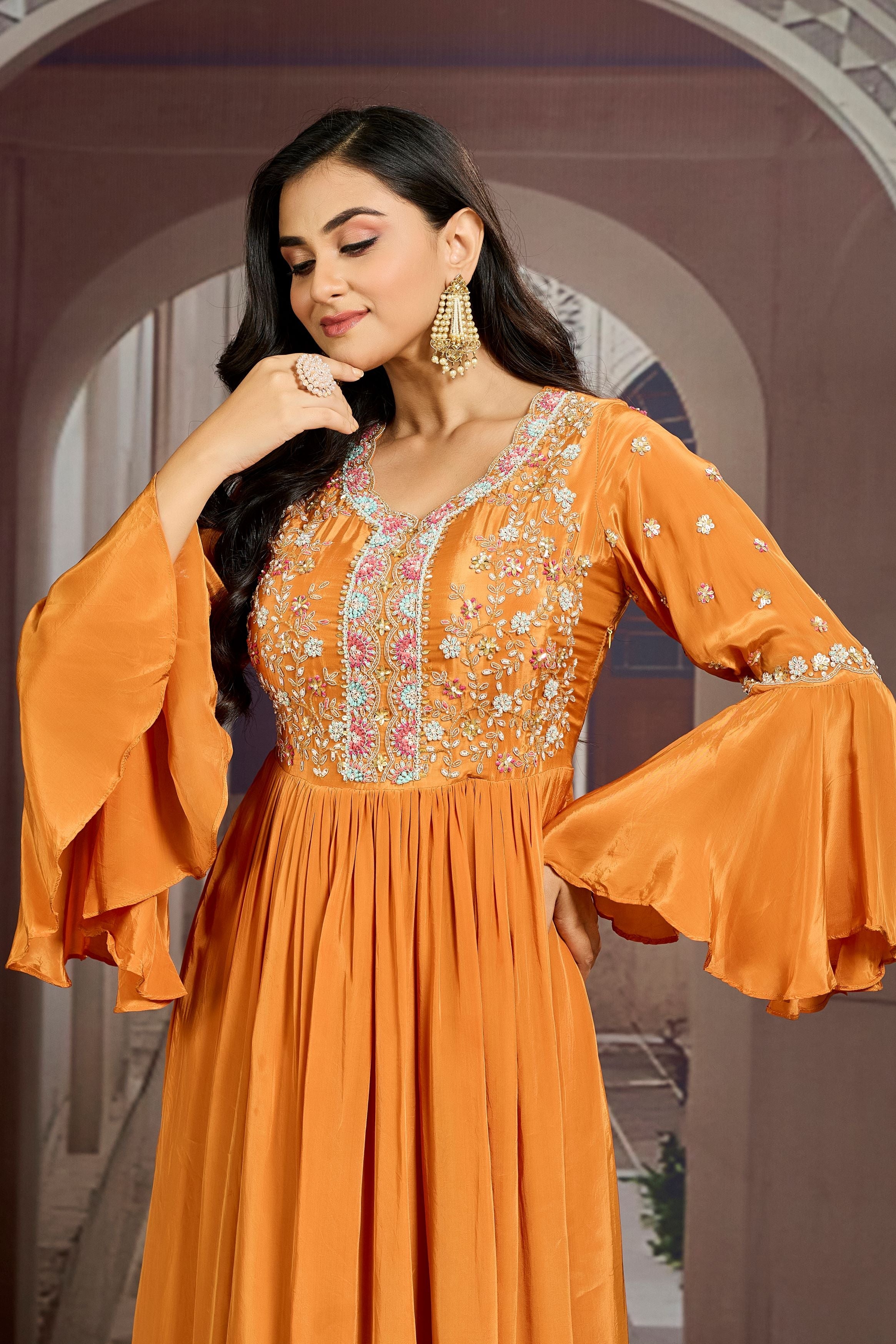 Orange Embellished Chinon Silk  Gown