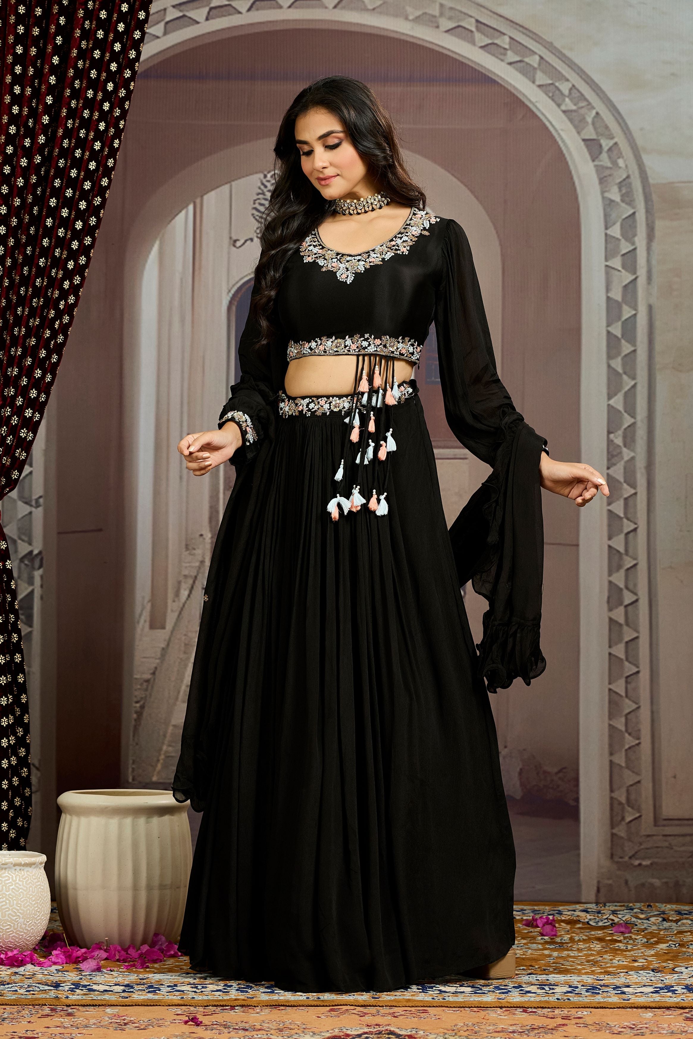 Hot Black Embellished Chinon Silk Skirt Set