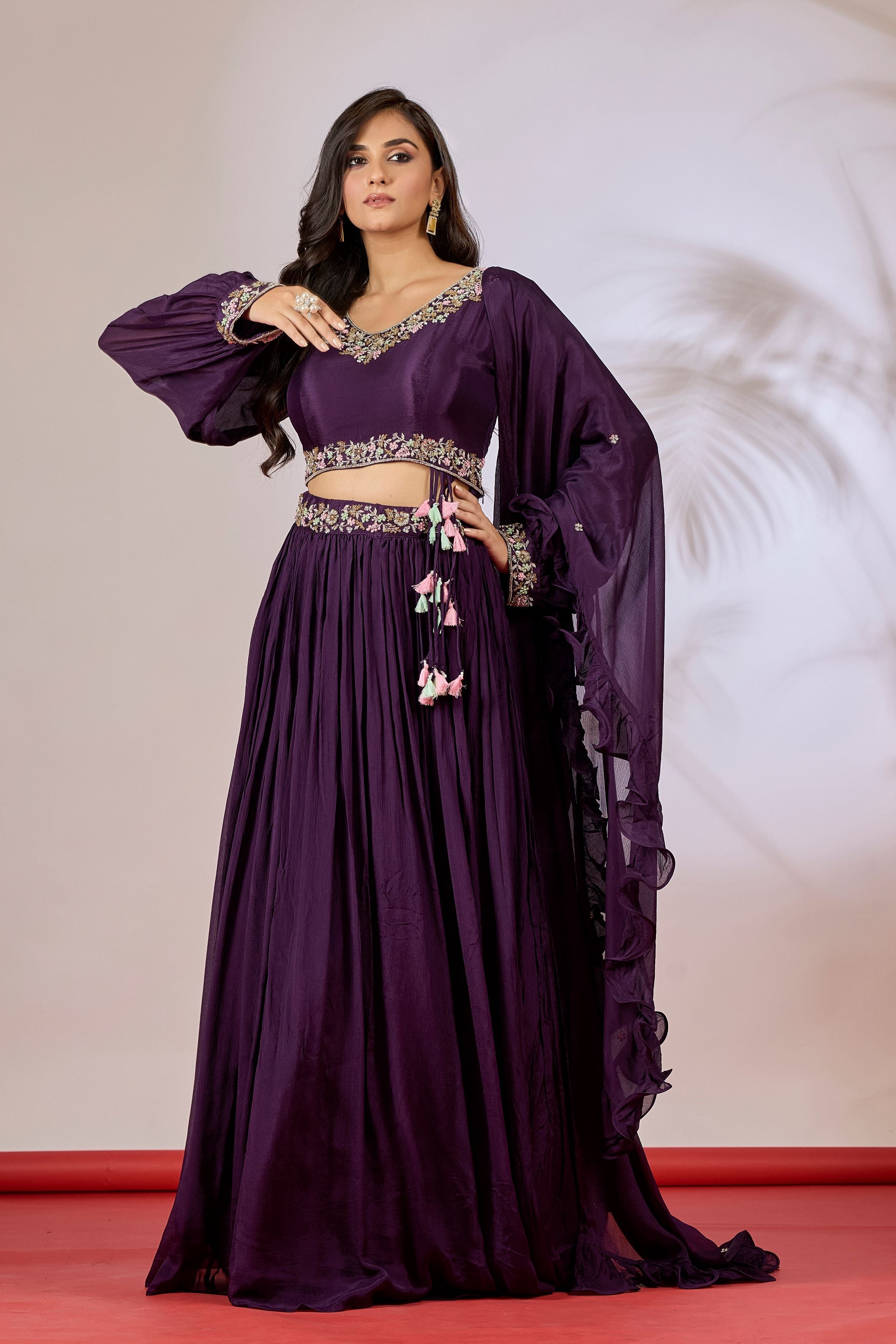 Deep Purple Embellished Chinon Silk Skirt Set