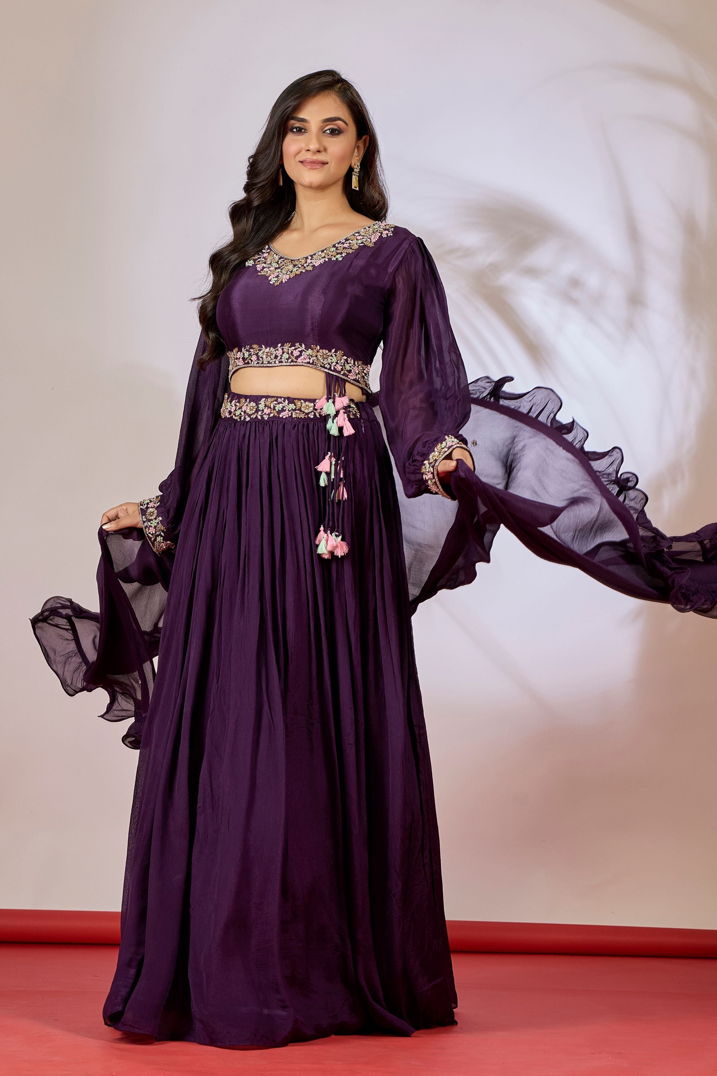 Deep Purple Embellished Chinon Silk Skirt Set